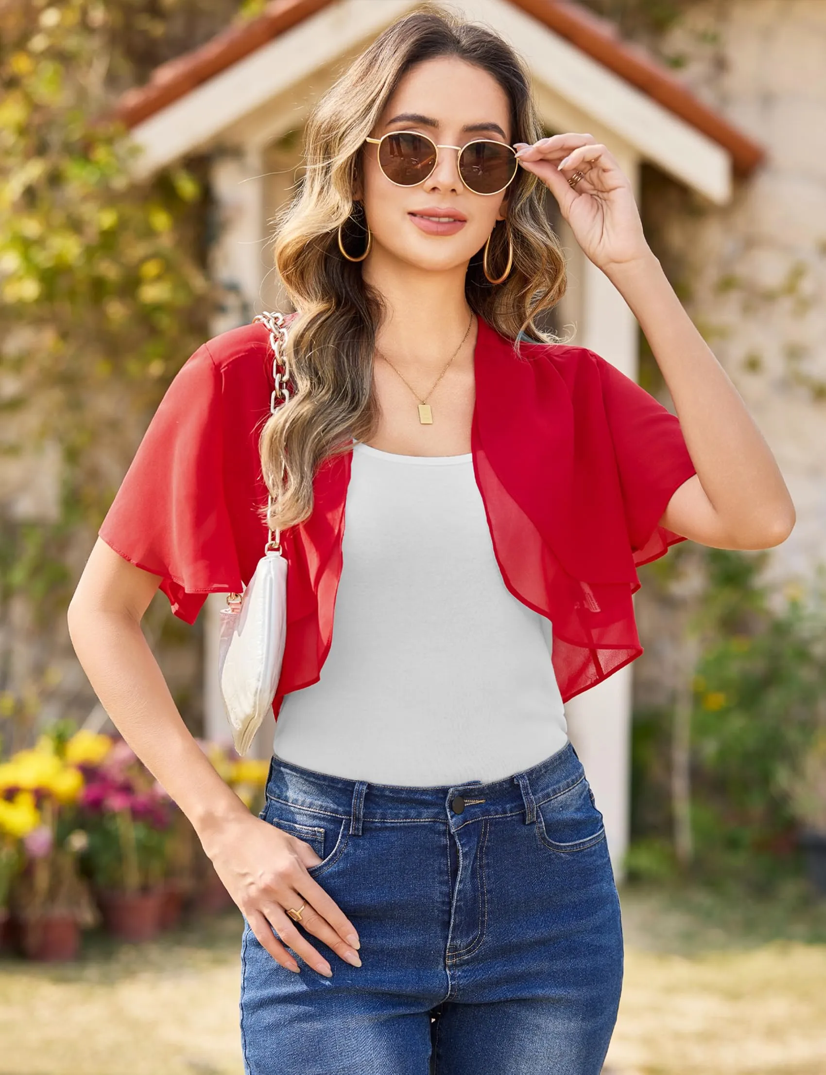 Aottori Coprispalle Donna in Chiffon Maniche Corte Rosso M - immagine 8