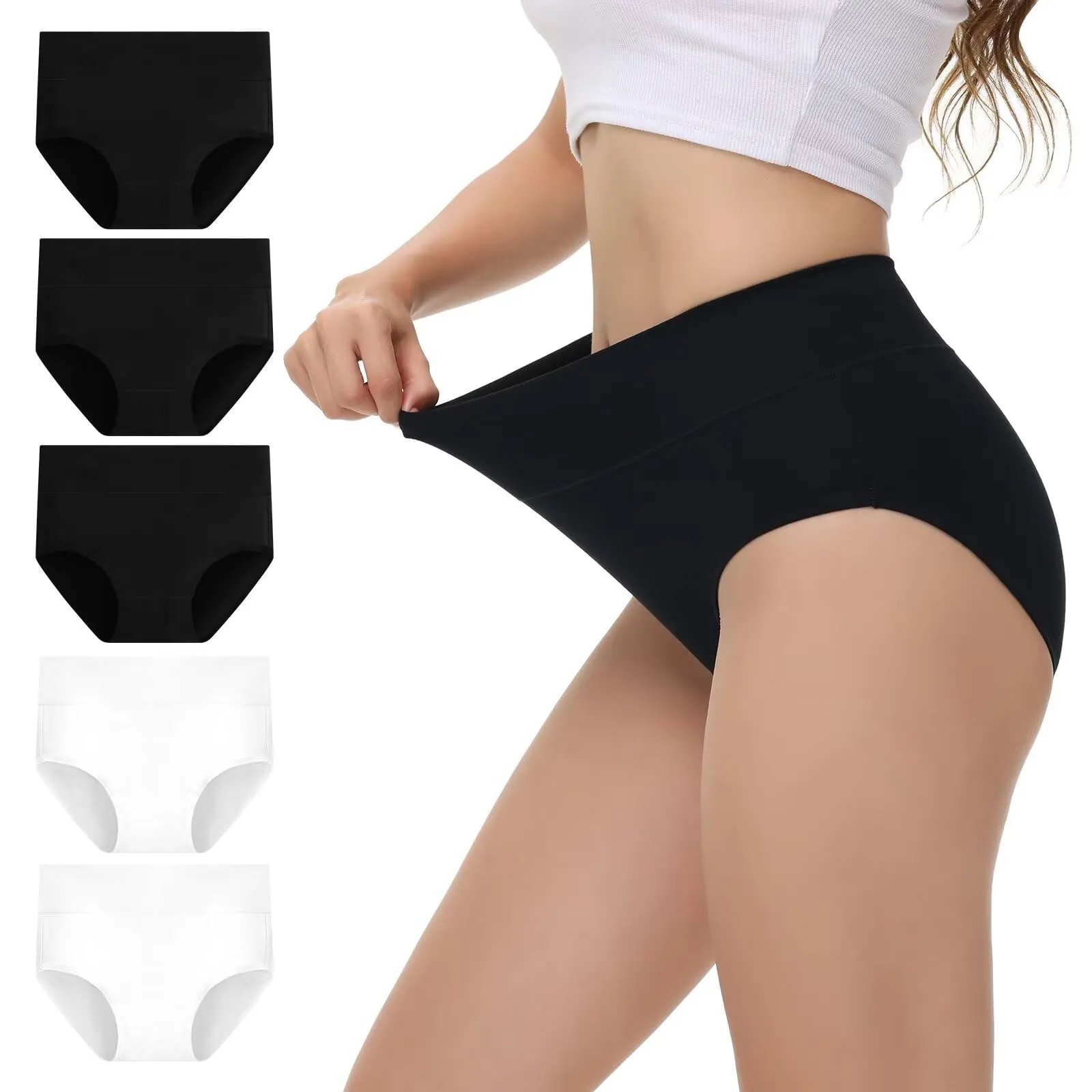 NUOZA Mutande Donna in Cotone a Vita Alta, Pacco da 5, Nero Bianco, L - immagine 1