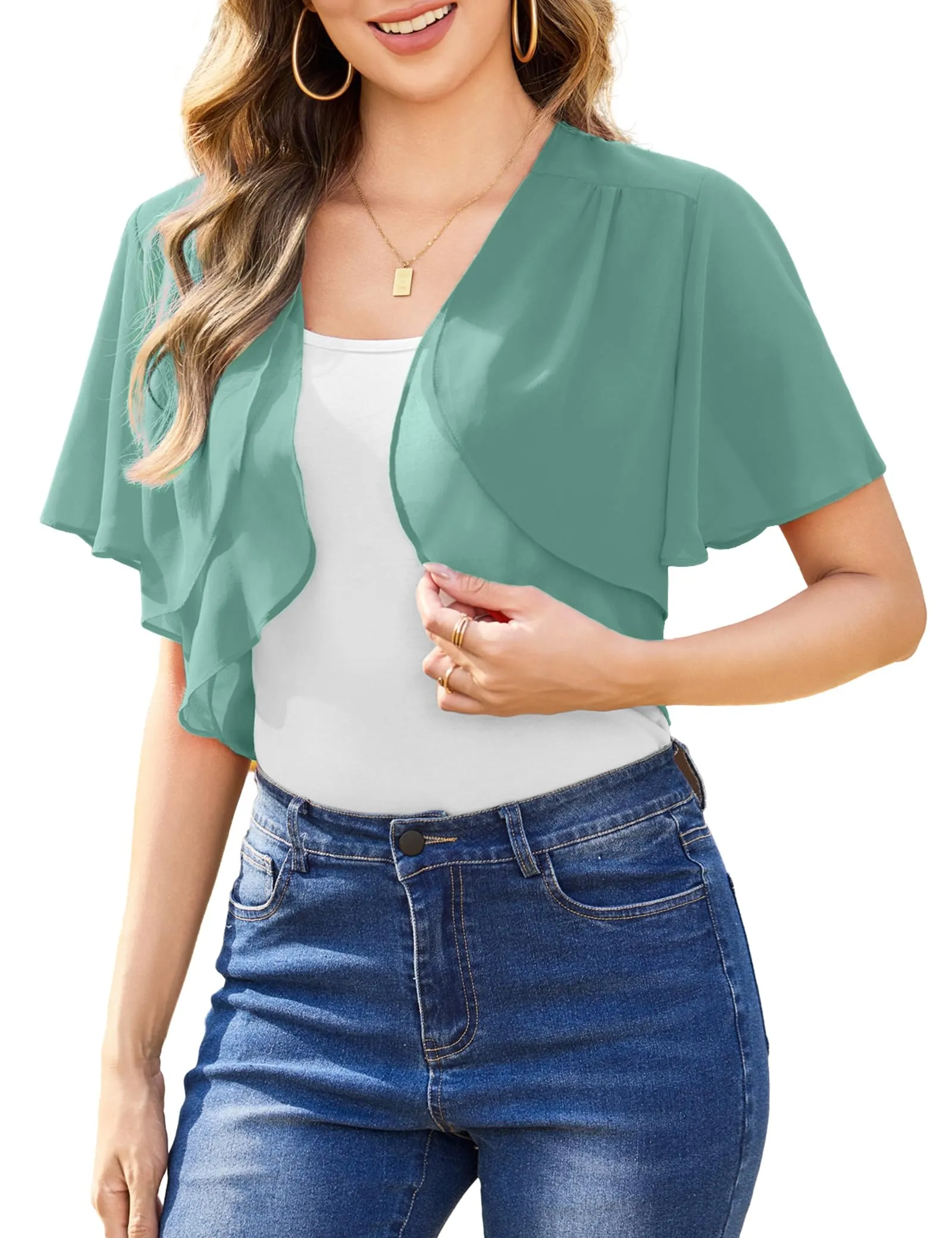 Aottori Coprispalle Donna in Chiffon Maniche Corte, Verde, L - immagine 1