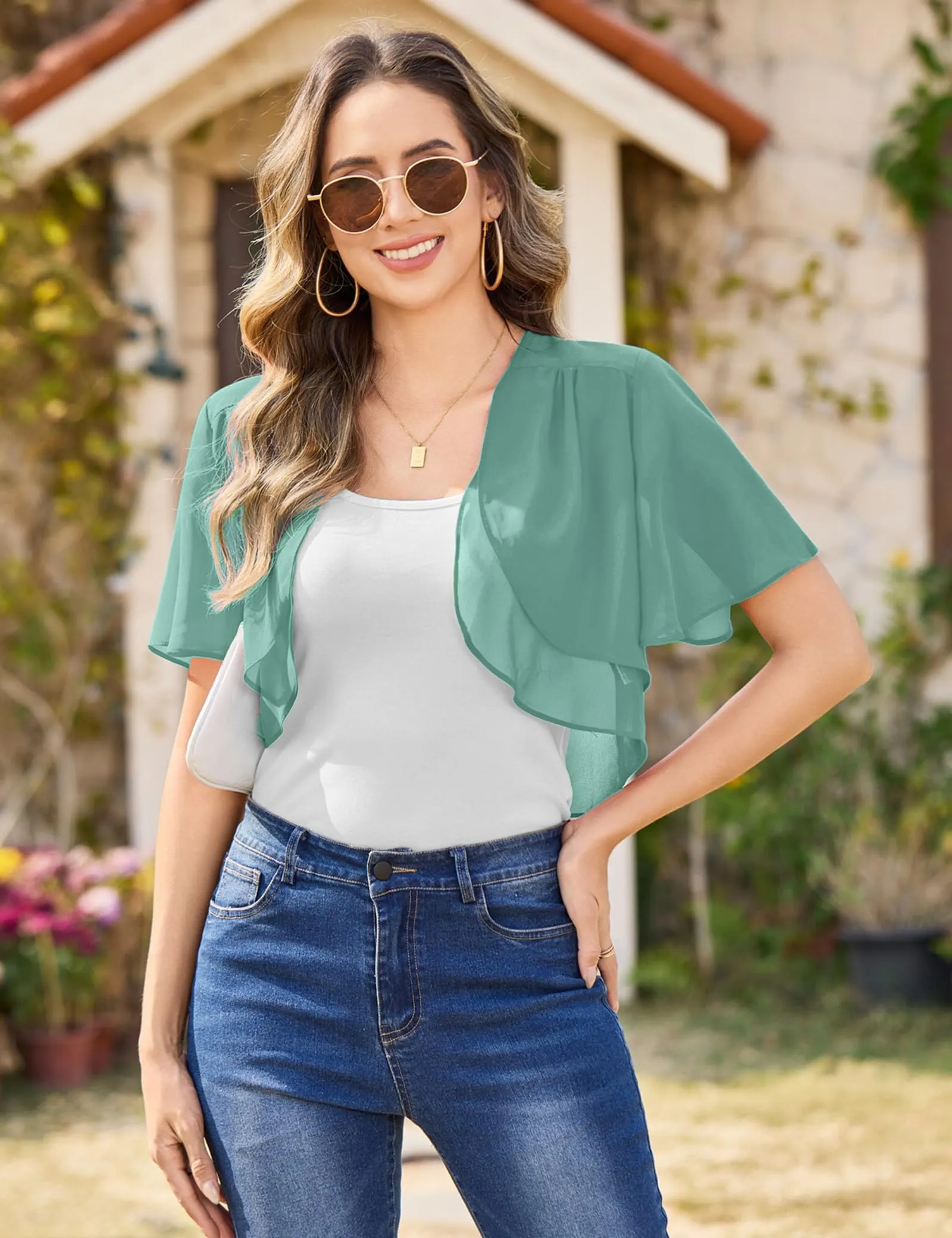 Aottori Coprispalle Donna in Chiffon Maniche Corte, Verde, L - immagine 2