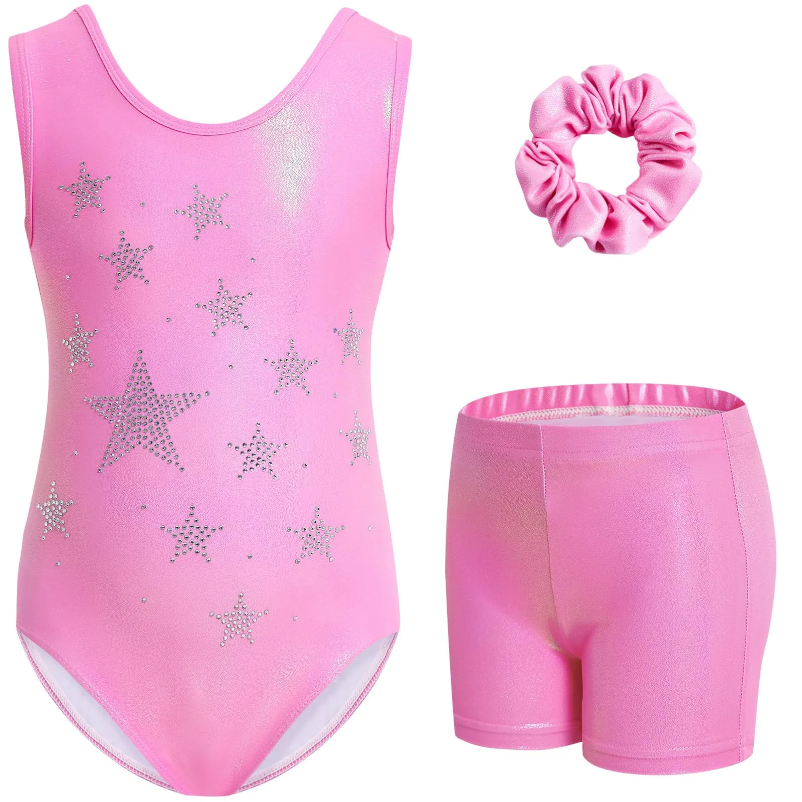 Gogokids Tuta Danza Classica Scintillante per Bambine, Set Body Senza Maniche, Pantaloncini e Fascia per Capelli, Stampa Stelle Rosa - immagine 1