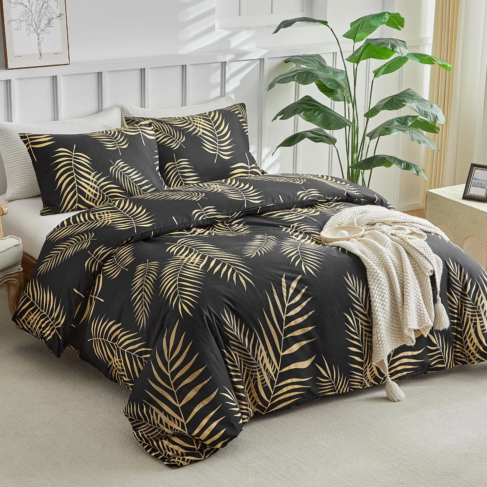 Tokokimo Set Copripiumino Matrimoniale 3 Pezzi in Microfibra con Motivo a Ramoscelli e Foglie, 240x220cm, Nero/Oro - immagine 2