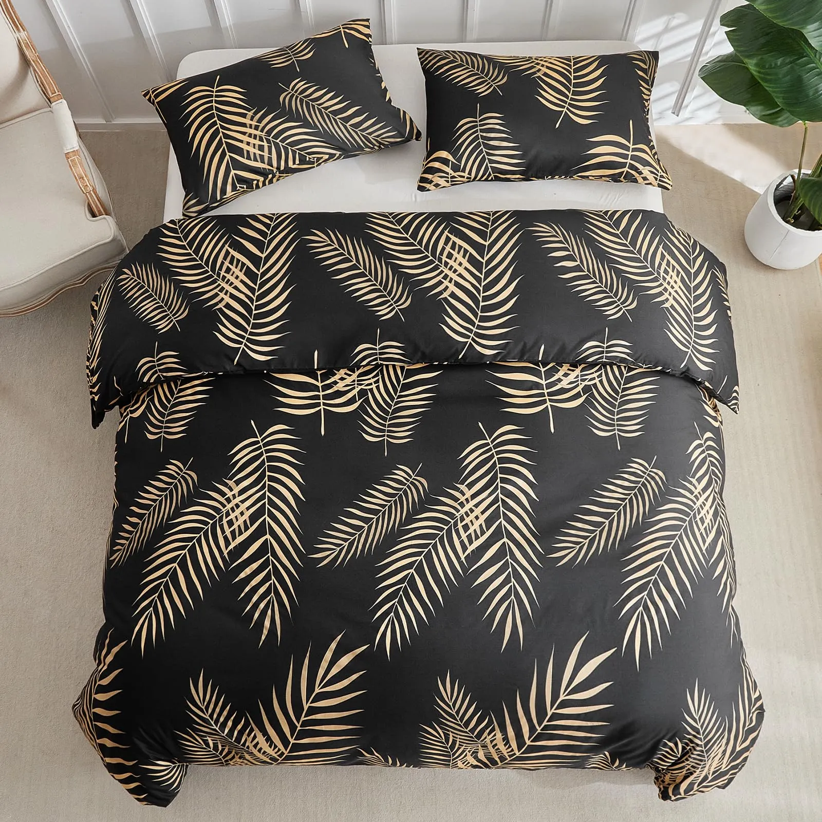 Tokokimo Set Copripiumino Matrimoniale 3 Pezzi in Microfibra con Motivo a Ramoscelli e Foglie, 240x220cm, Nero/Oro - immagine 3