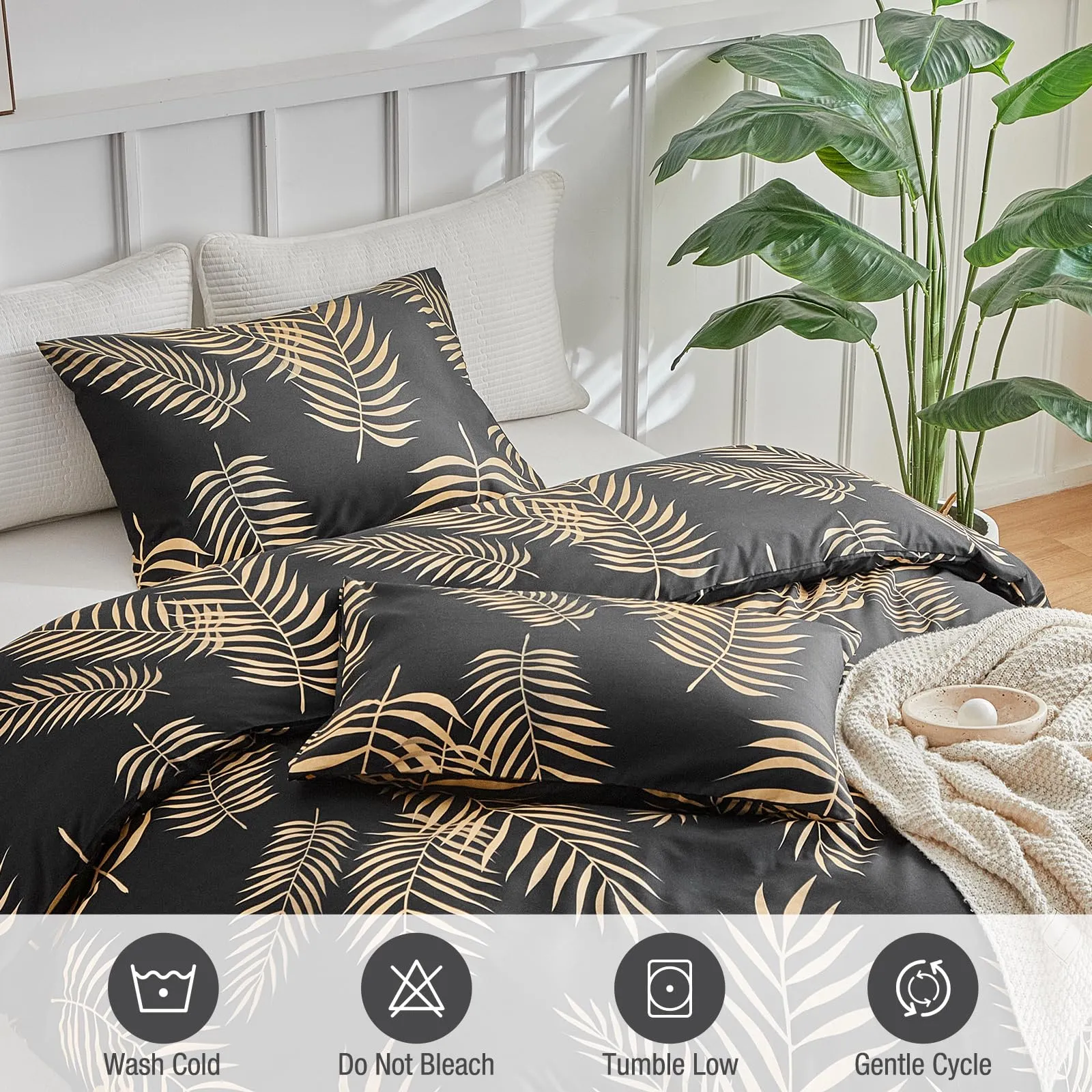 Tokokimo Set Copripiumino Matrimoniale 3 Pezzi in Microfibra con Motivo a Ramoscelli e Foglie, 240x220cm, Nero/Oro - immagine 4