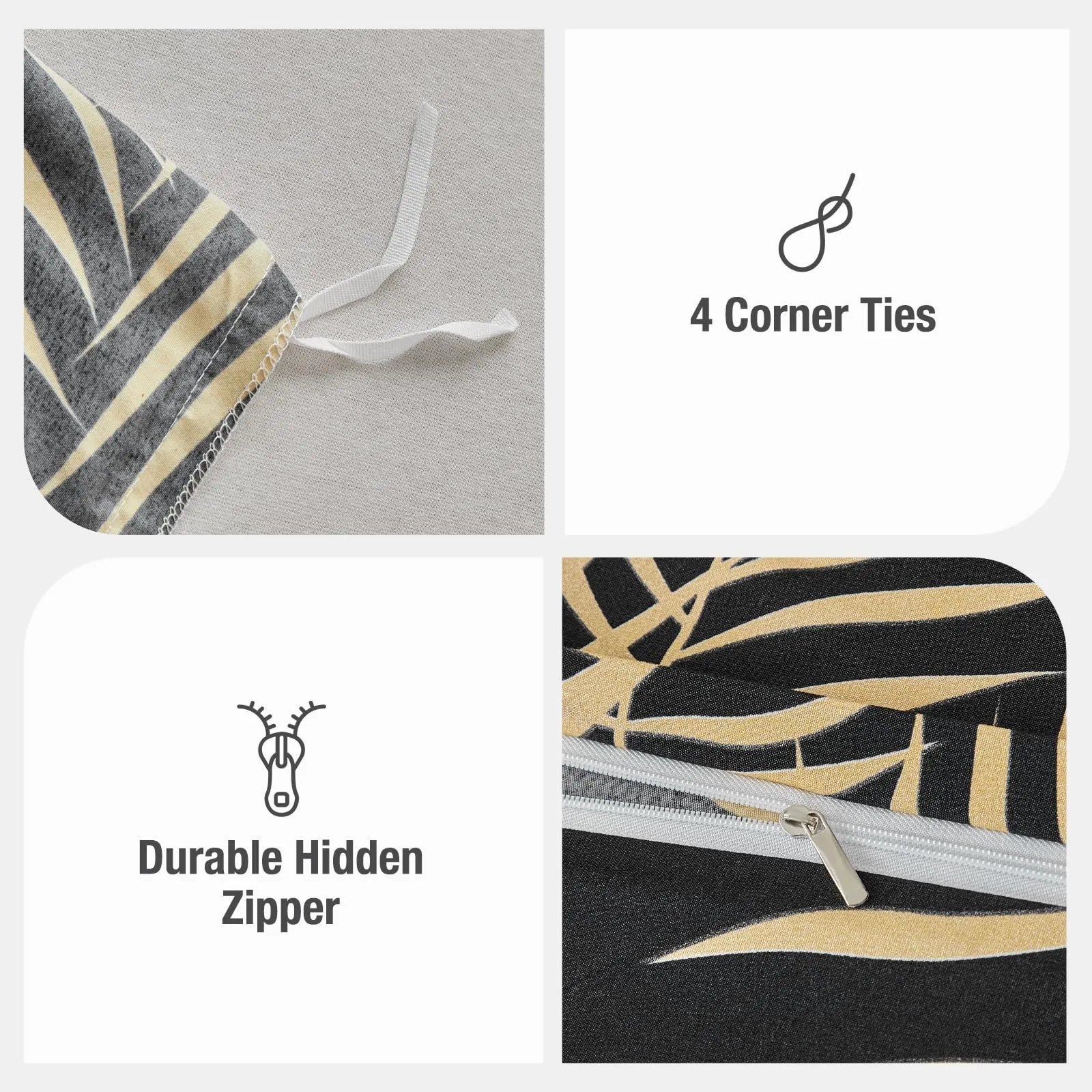 Tokokimo Set Copripiumino Matrimoniale 3 Pezzi in Microfibra con Motivo a Ramoscelli e Foglie, 240x220cm, Nero/Oro - immagine 6