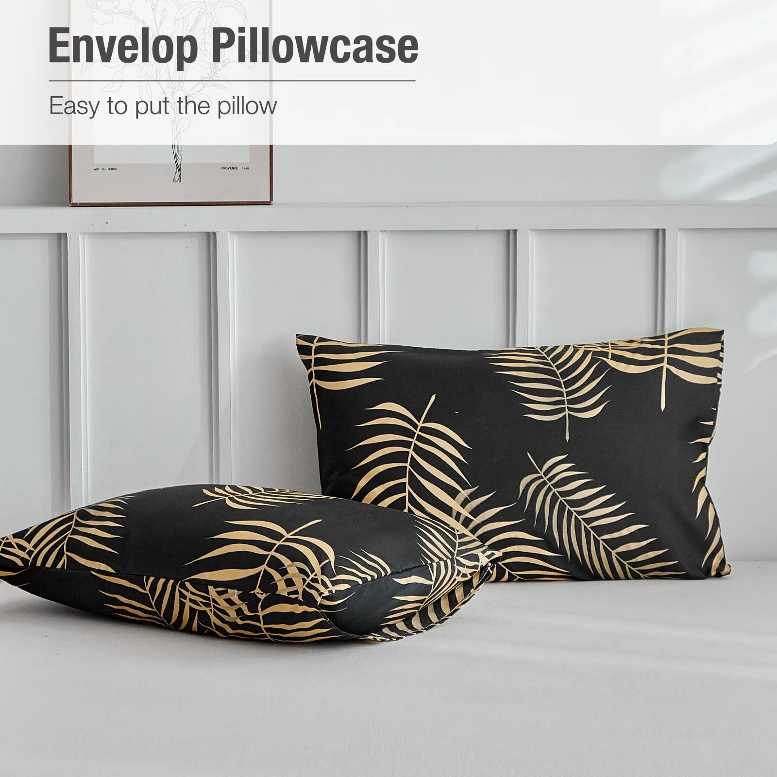 Tokokimo Set Copripiumino Matrimoniale 3 Pezzi in Microfibra con Motivo a Ramoscelli e Foglie, 240x220cm, Nero/Oro - immagine 8