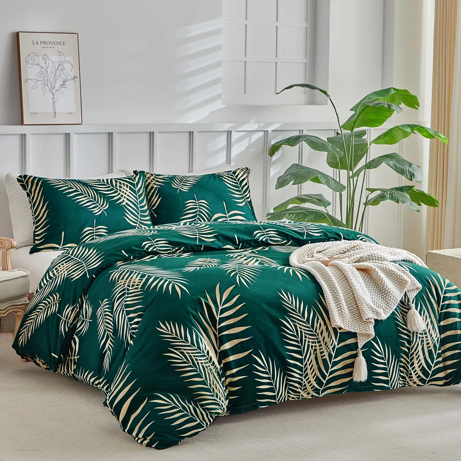 Tokokimo Set Copripiumino Matrimoniale 3 Pezzi in Microfibra con Motivo a Ramoscelli e Foglie, 240x220 cm, Verde Scuro/Oro - immagine 2