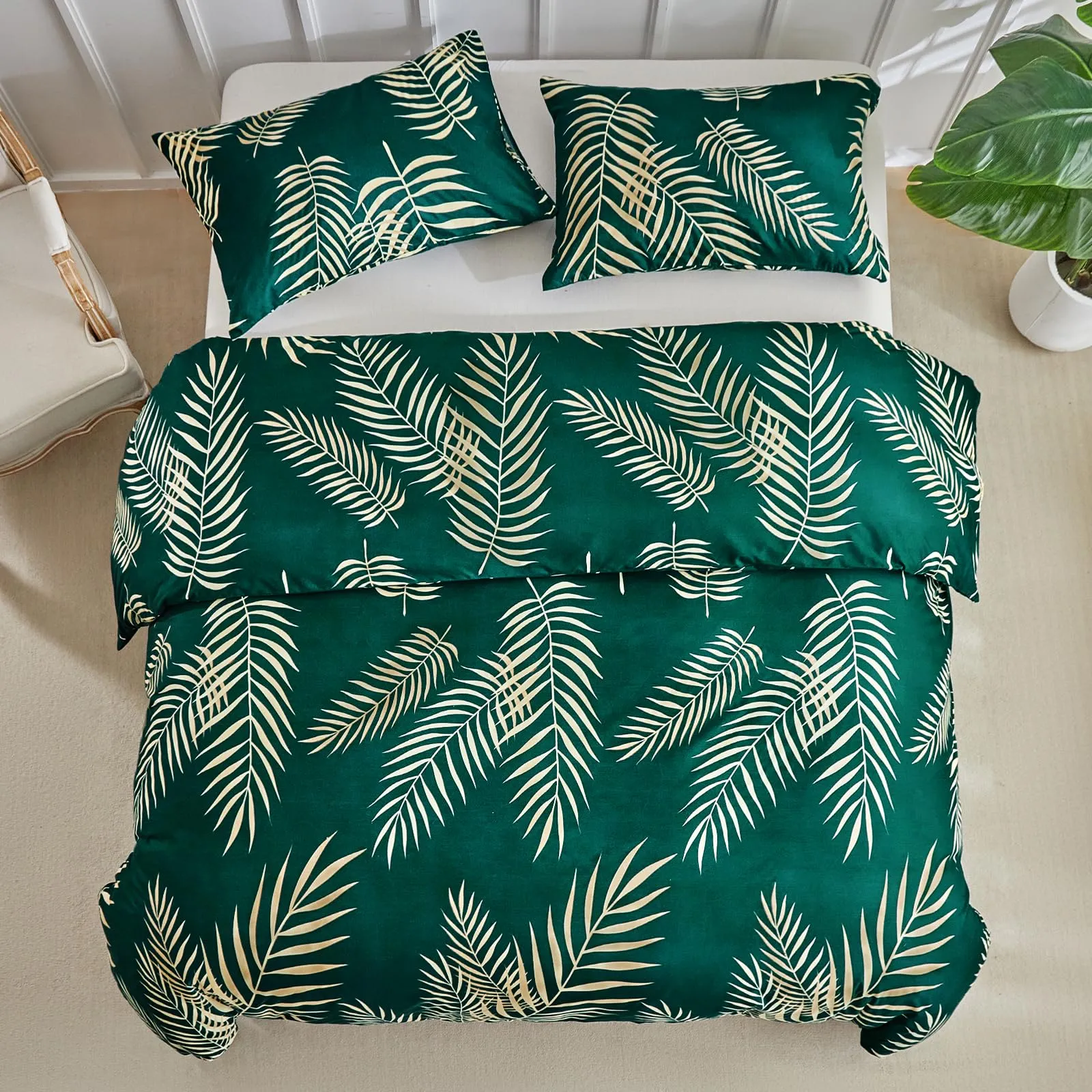 Tokokimo Set Copripiumino Matrimoniale 3 Pezzi in Microfibra con Motivo a Ramoscelli e Foglie, 240x220 cm, Verde Scuro/Oro - immagine 3