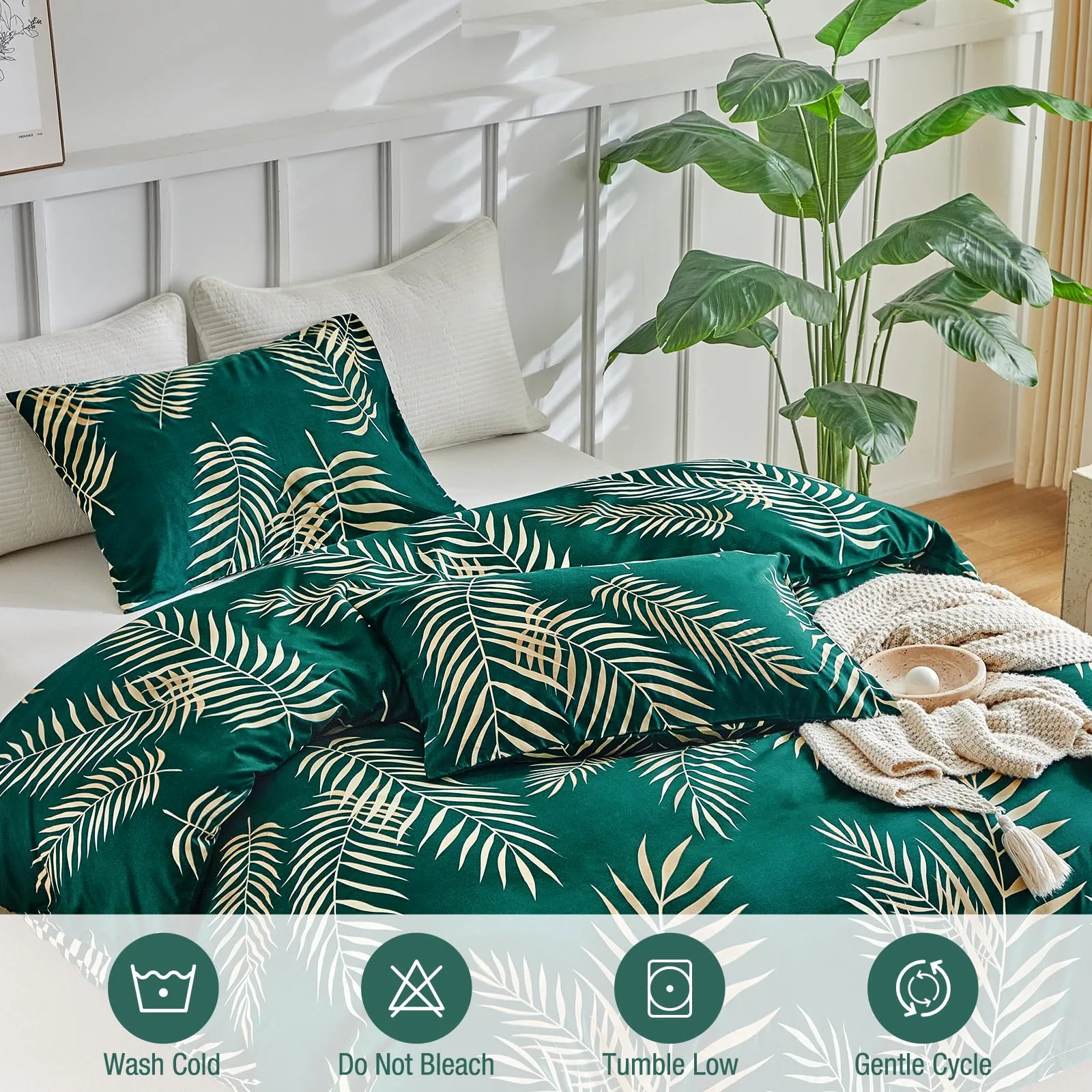 Tokokimo Set Copripiumino Matrimoniale 3 Pezzi in Microfibra con Motivo a Ramoscelli e Foglie, 240x220 cm, Verde Scuro/Oro - immagine 4