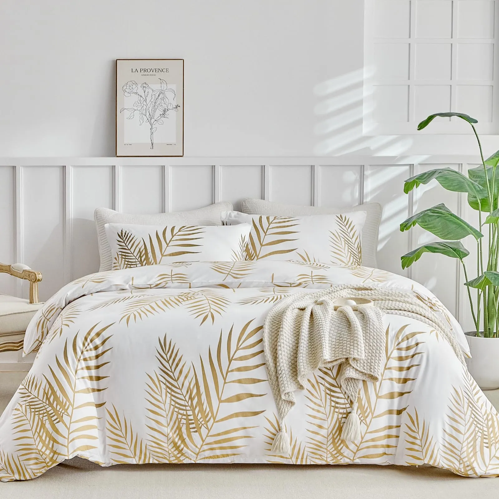 Tokokimo Set Copripiumino Matrimoniale 3 Pezzi in Microfibra con Motivo a Ramoscelli e Foglie, 240x220cm, Bianco/Oro - immagine 1
