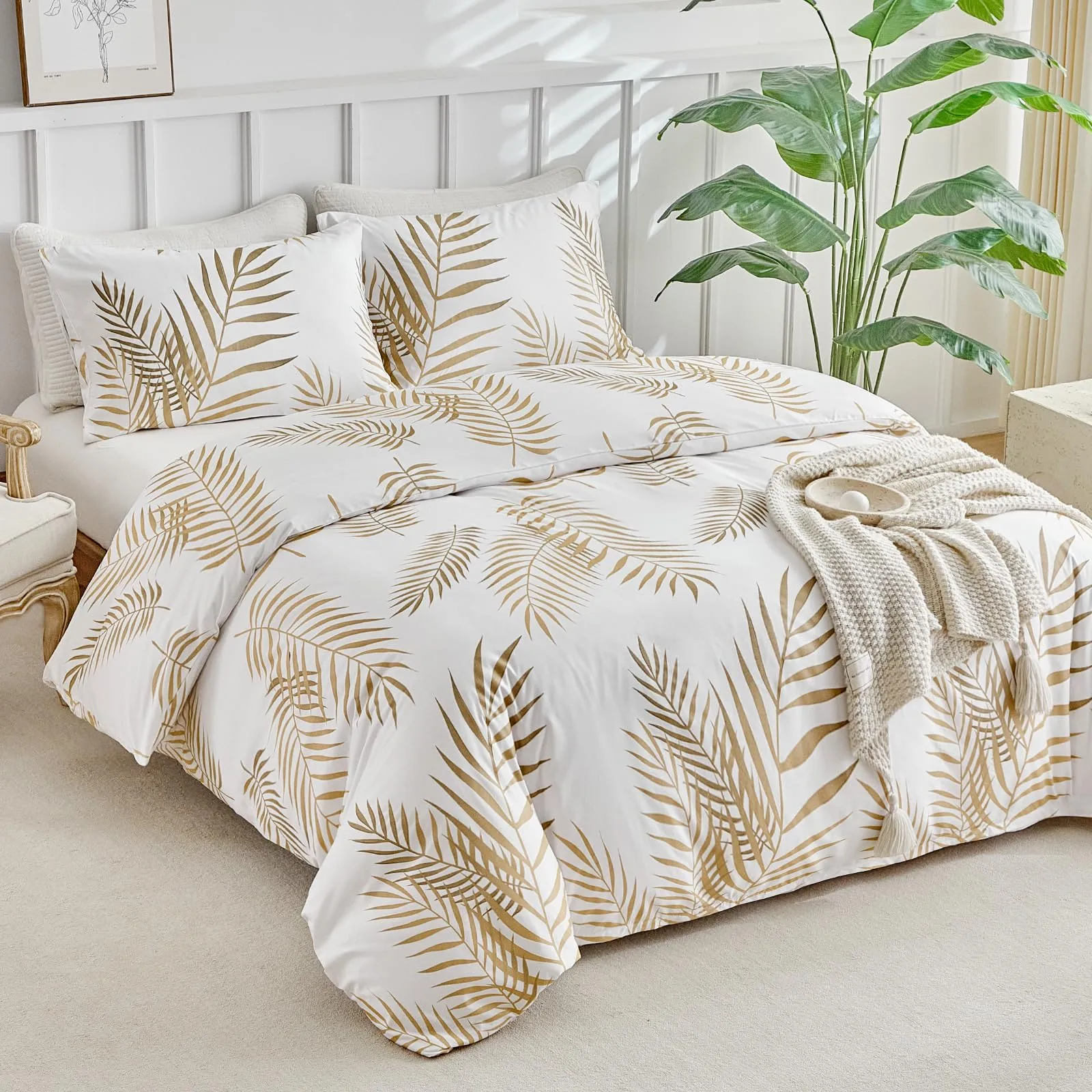 Tokokimo Set Copripiumino Matrimoniale 3 Pezzi in Microfibra con Motivo a Ramoscelli e Foglie, 240x220cm, Bianco/Oro - immagine 2