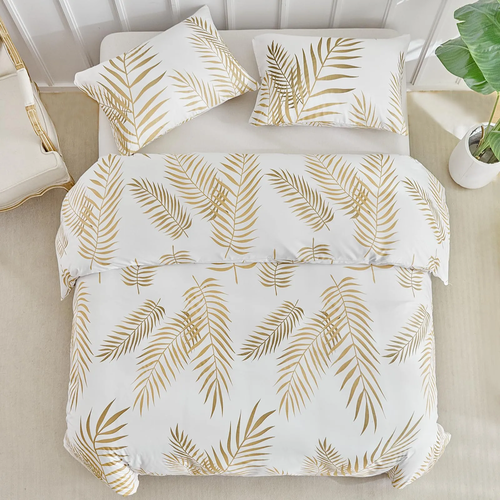 Tokokimo Set Copripiumino Matrimoniale 3 Pezzi in Microfibra con Motivo a Ramoscelli e Foglie, 240x220cm, Bianco/Oro - immagine 3
