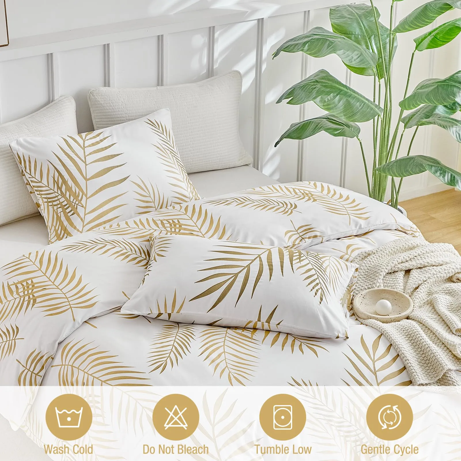 Tokokimo Set Copripiumino Matrimoniale 3 Pezzi in Microfibra con Motivo a Ramoscelli e Foglie, 240x220cm, Bianco/Oro - immagine 4