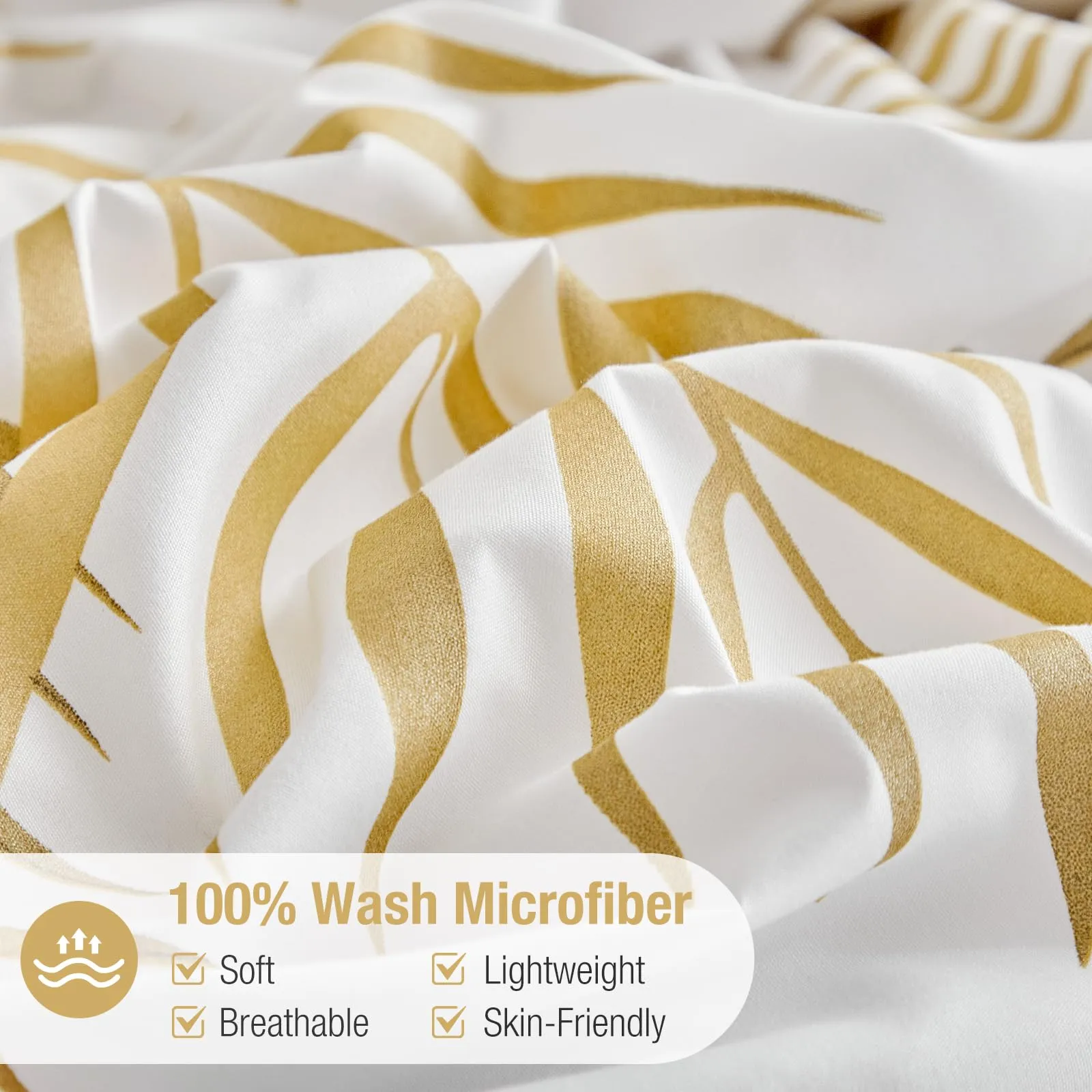 Tokokimo Set Copripiumino Matrimoniale 3 Pezzi in Microfibra con Motivo a Ramoscelli e Foglie, 240x220cm, Bianco/Oro - immagine 5