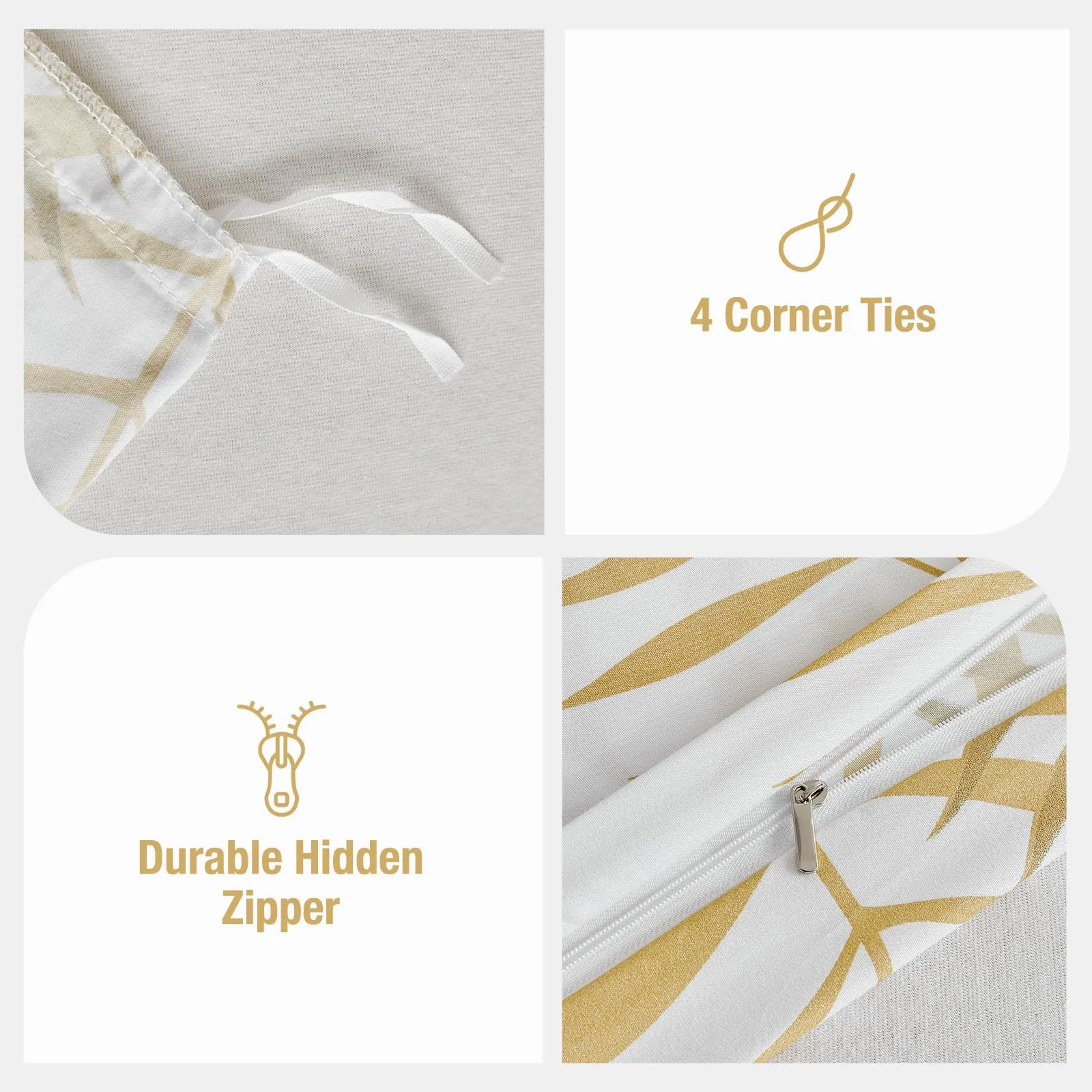 Tokokimo Set Copripiumino Matrimoniale 3 Pezzi in Microfibra con Motivo a Ramoscelli e Foglie, 240x220cm, Bianco/Oro - immagine 6
