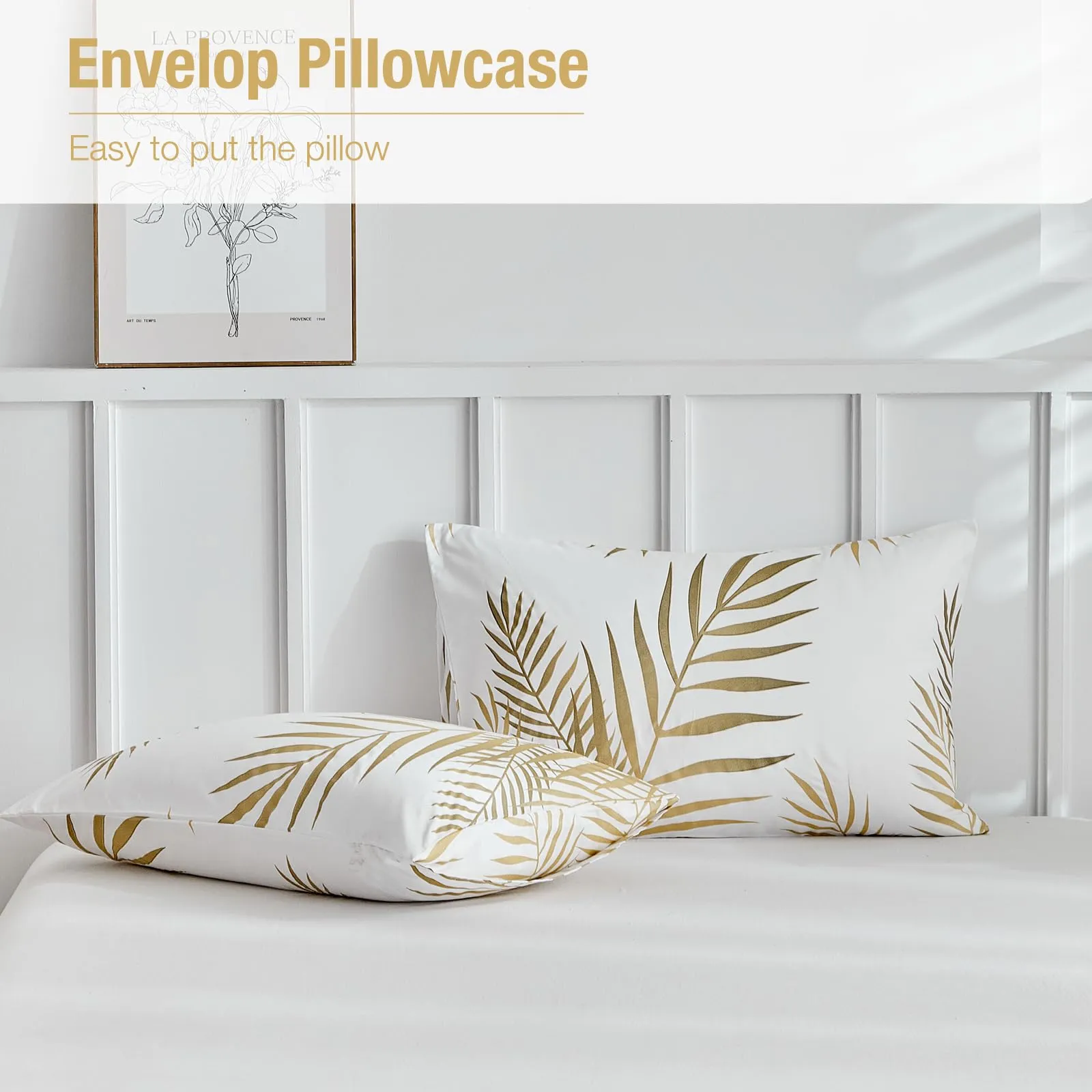 Tokokimo Set Copripiumino Matrimoniale 3 Pezzi in Microfibra con Motivo a Ramoscelli e Foglie, 240x220cm, Bianco/Oro - immagine 8