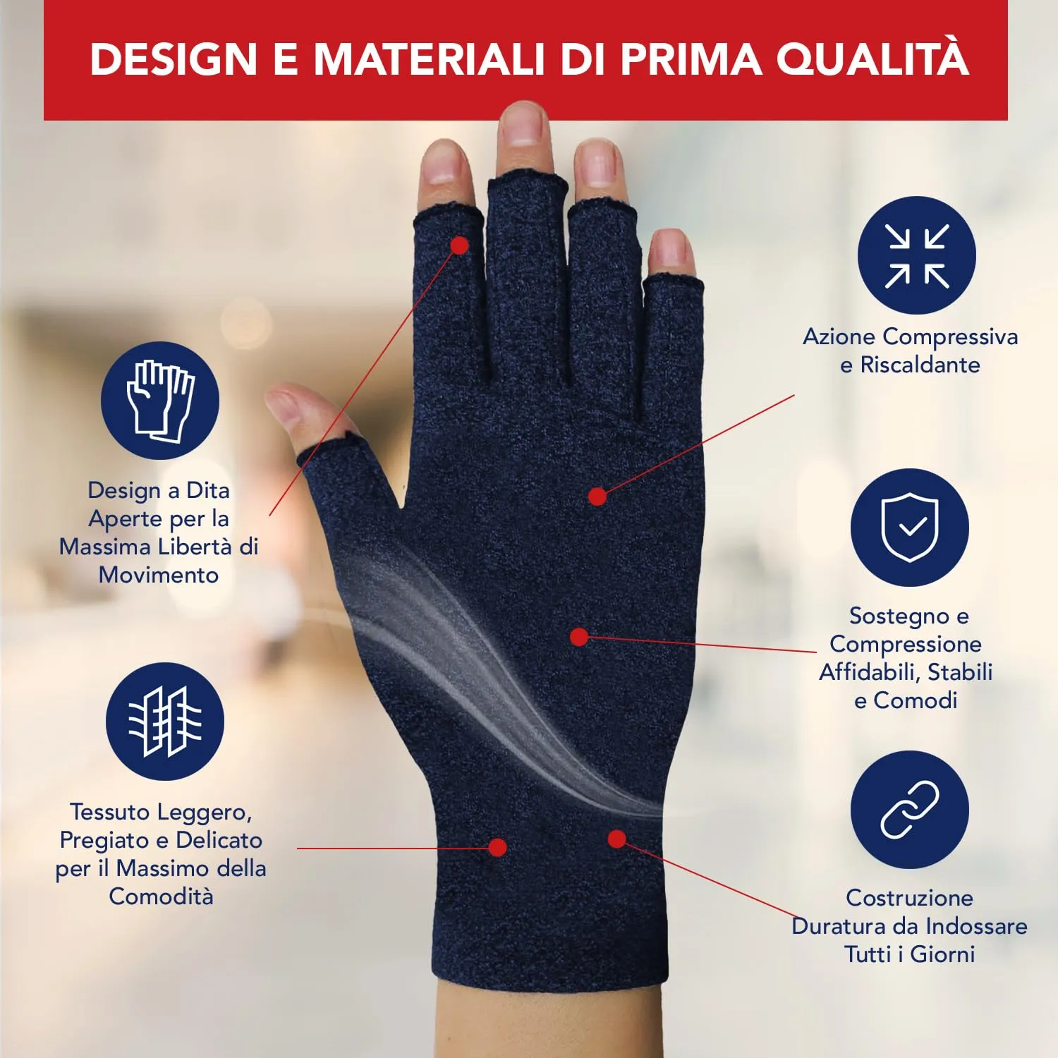 Dr. Arthritis Guanti a Compressione per Artrosi e Tunnel Carpale, Senza Dita, Cotone, Blu Navy, Taglia L, 1 Paio - immagine 4