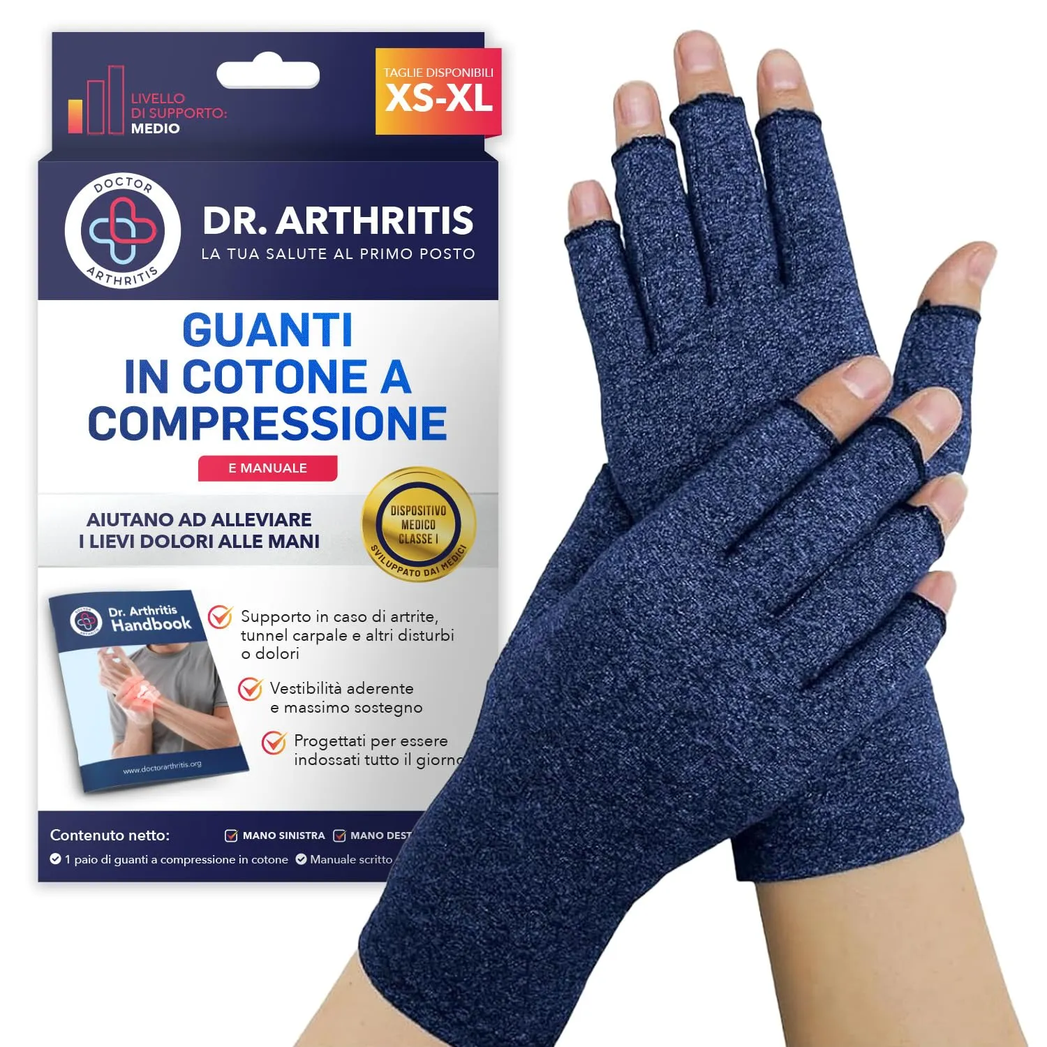 Dr. Arthritis Guanti a Compressione per Artrosi e Tunnel Carpale, Senza Dita, Cotone, Blu Navy, Taglia S, 1 Paio - immagine 1