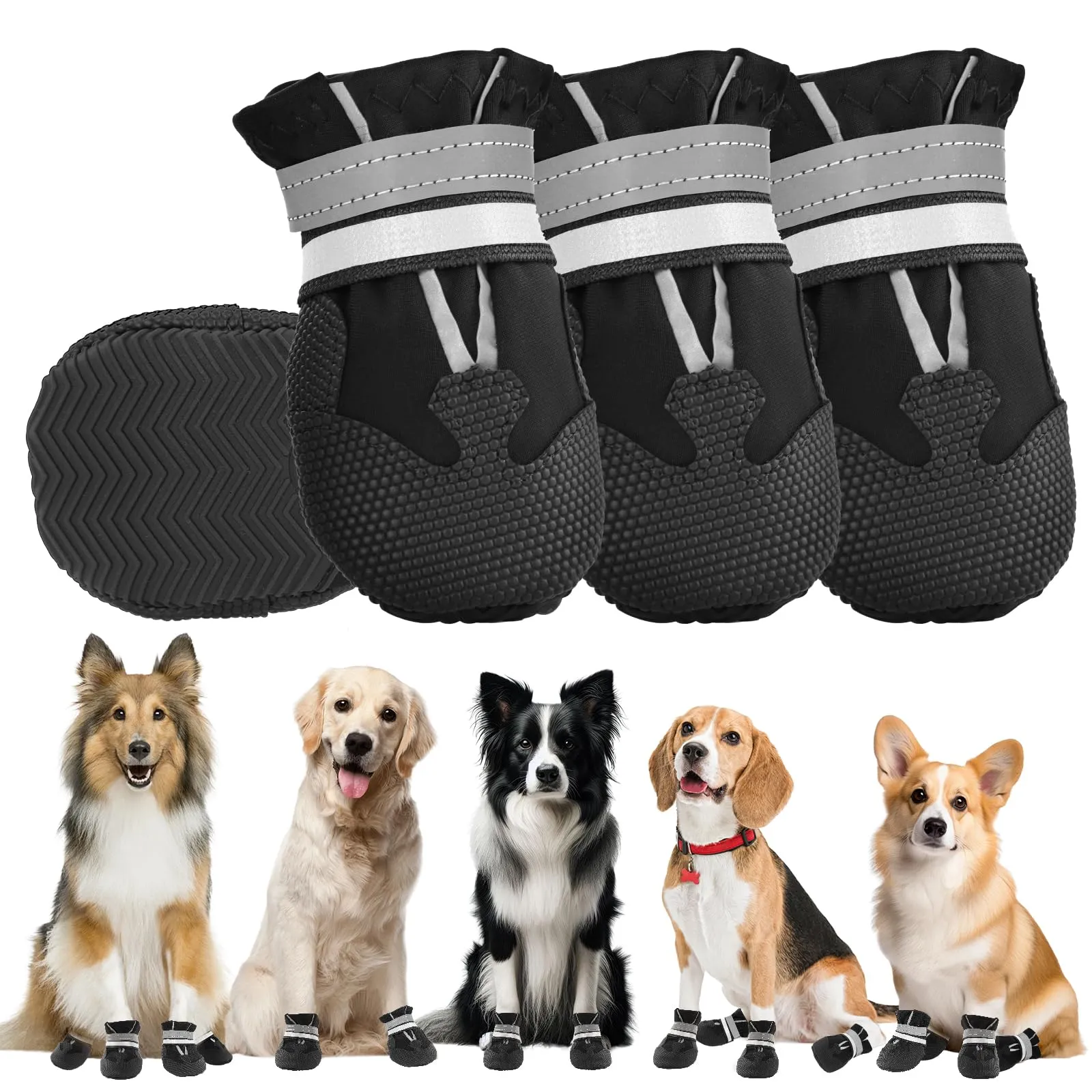 QKURT Stivali per Cani Impermeabili con Cinghie Riflettenti e Suola Antiscivolo, Taglia L, Nero - immagine 1