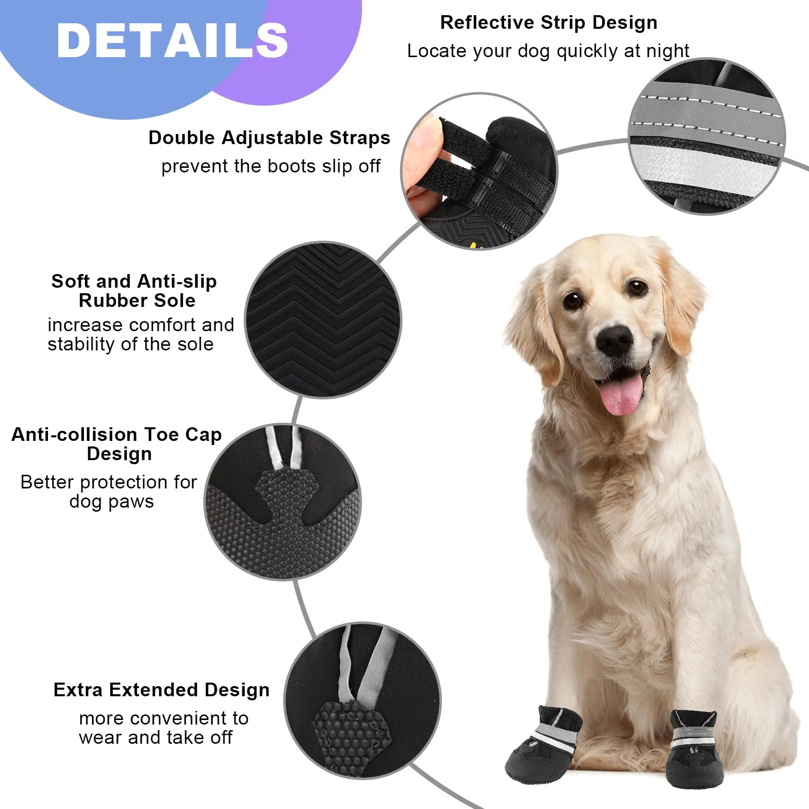 QKURT Stivali per Cani Impermeabili con Cinghie Riflettenti, Antiscivolo e Regolabili, Taglia M, Nero - immagine 3