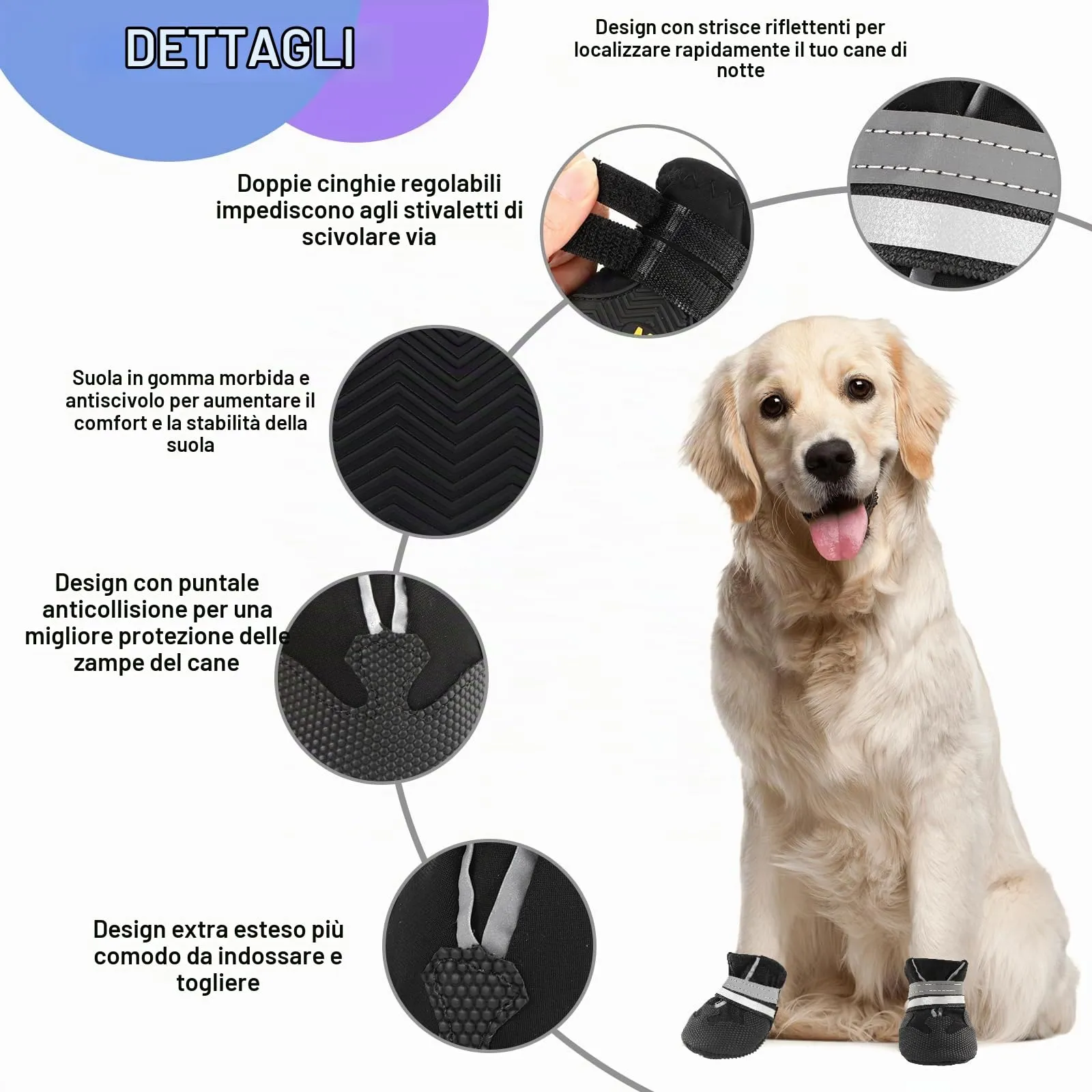 QKURT Stivali per Cani Impermeabili con Cinghie Riflettenti e Suola Antiscivolo, Taglia S, Nero - immagine 3