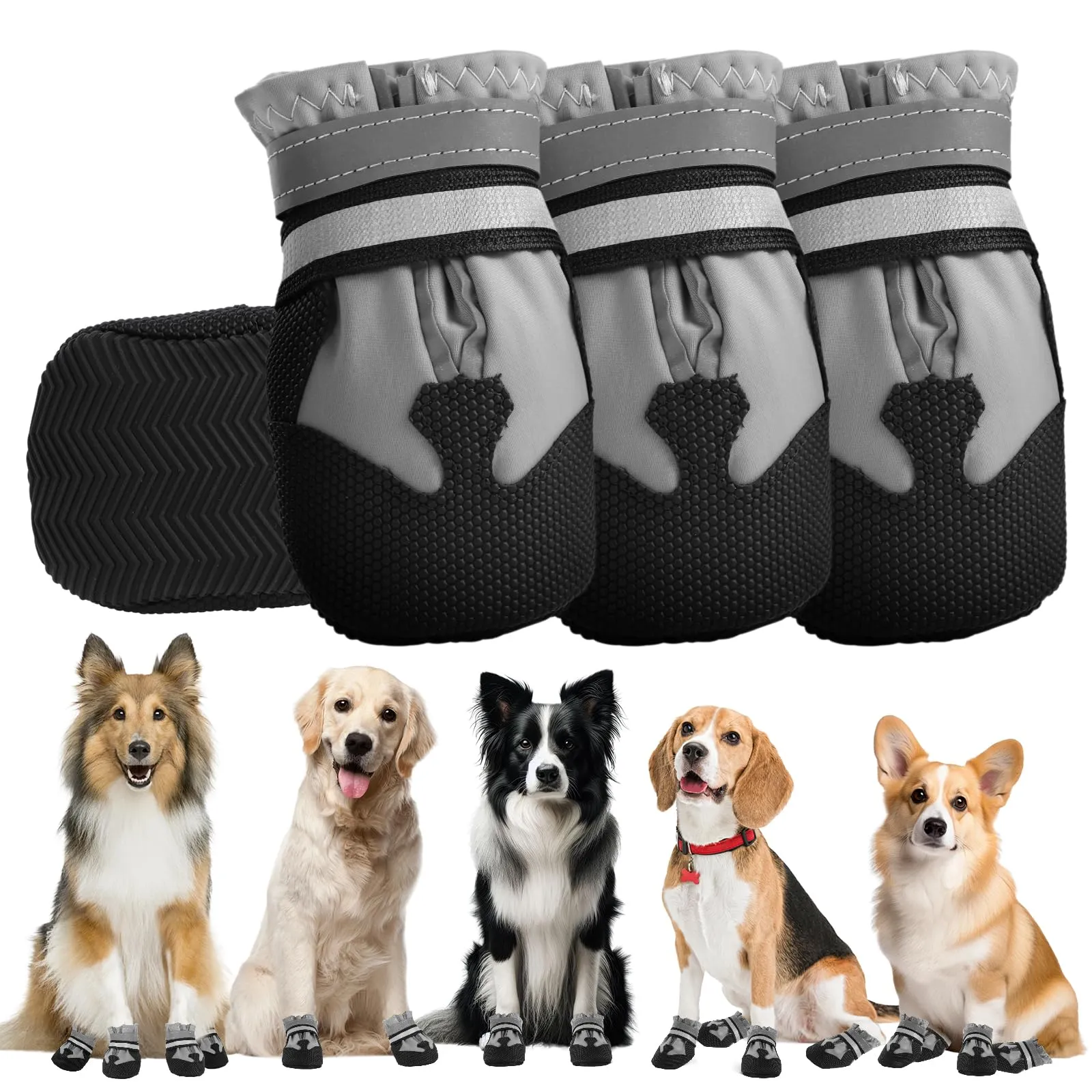 QKURT Stivali per Cani Impermeabili Antiscivolo con Cinghie Riflettenti, Taglia M, Grigio - immagine 1
