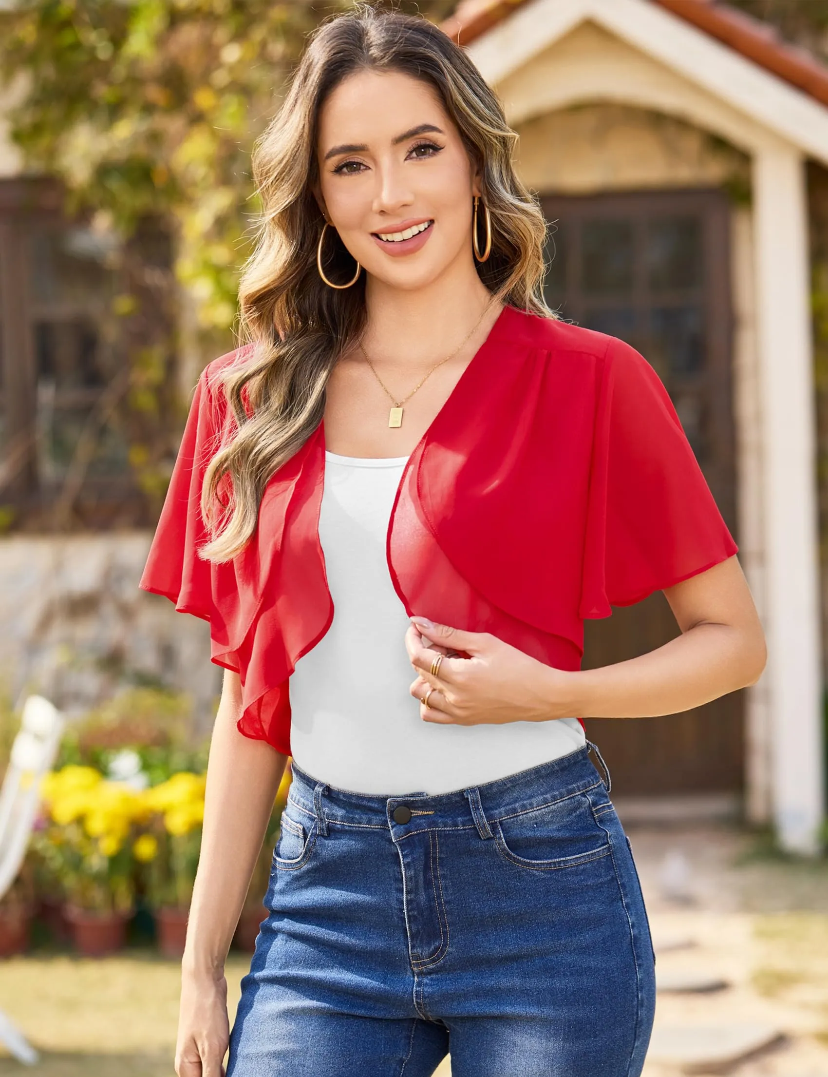 Aottori Coprispalle Donna in Chiffon, Bolero Corto, Rosso, XL - immagine 3