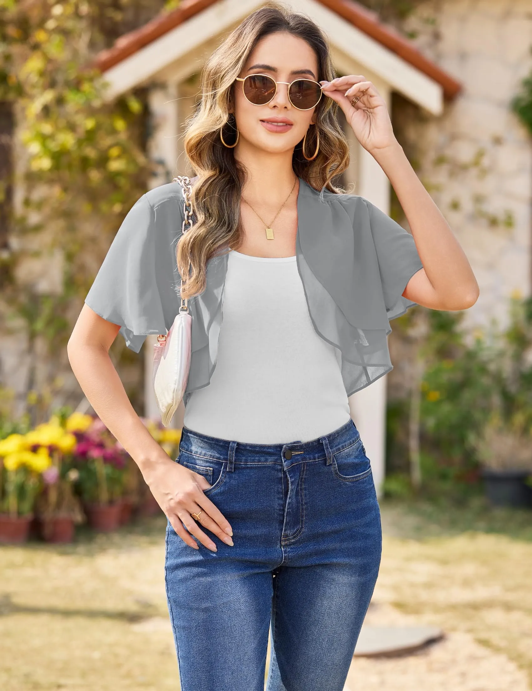 Aottori Coprispalle Donna in Chiffon Leggero, Grigio, L - immagine 4