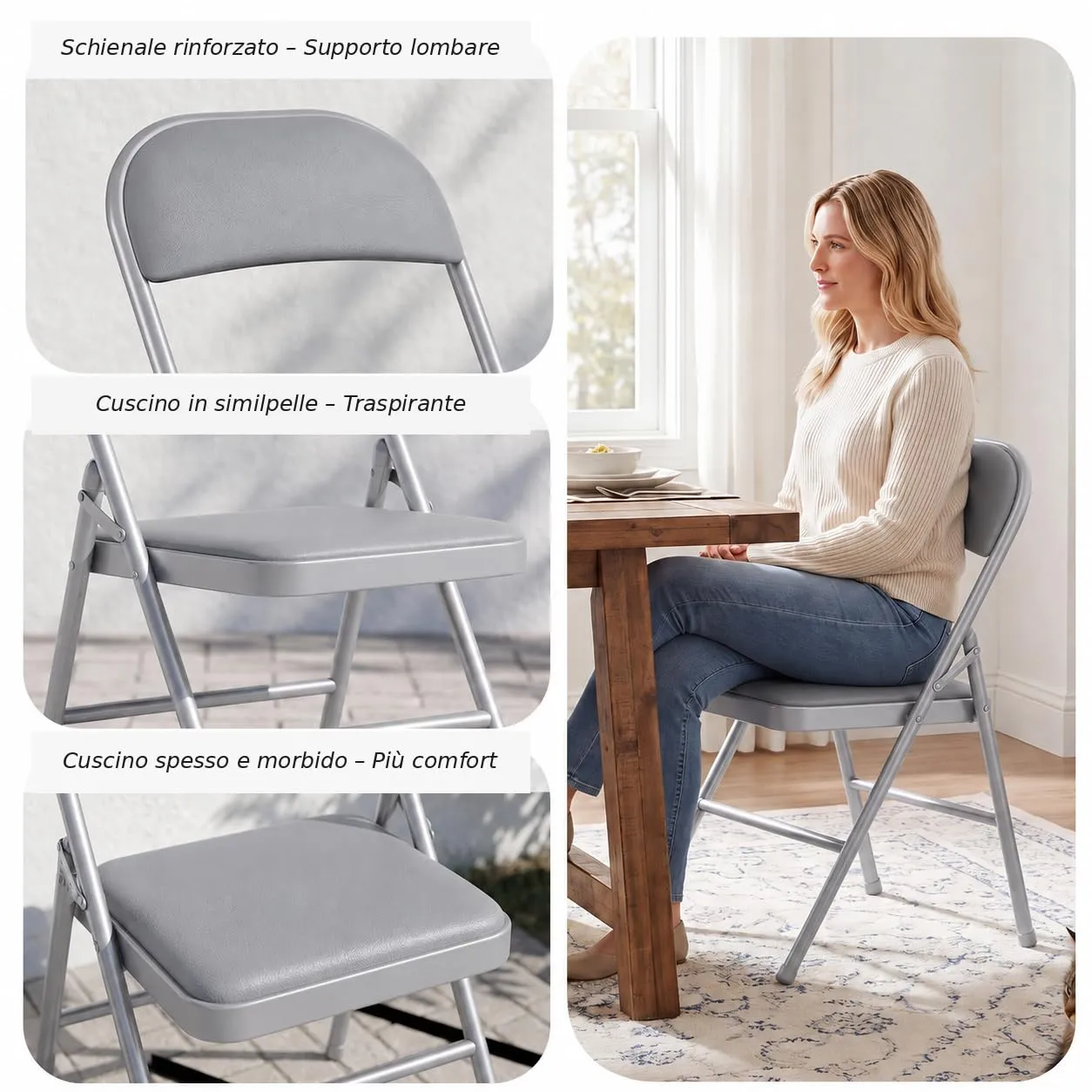 Asdsed Set di 6 Sedie Pieghevoli Imbottite, Portata 160 kg, Grigio - immagine 4