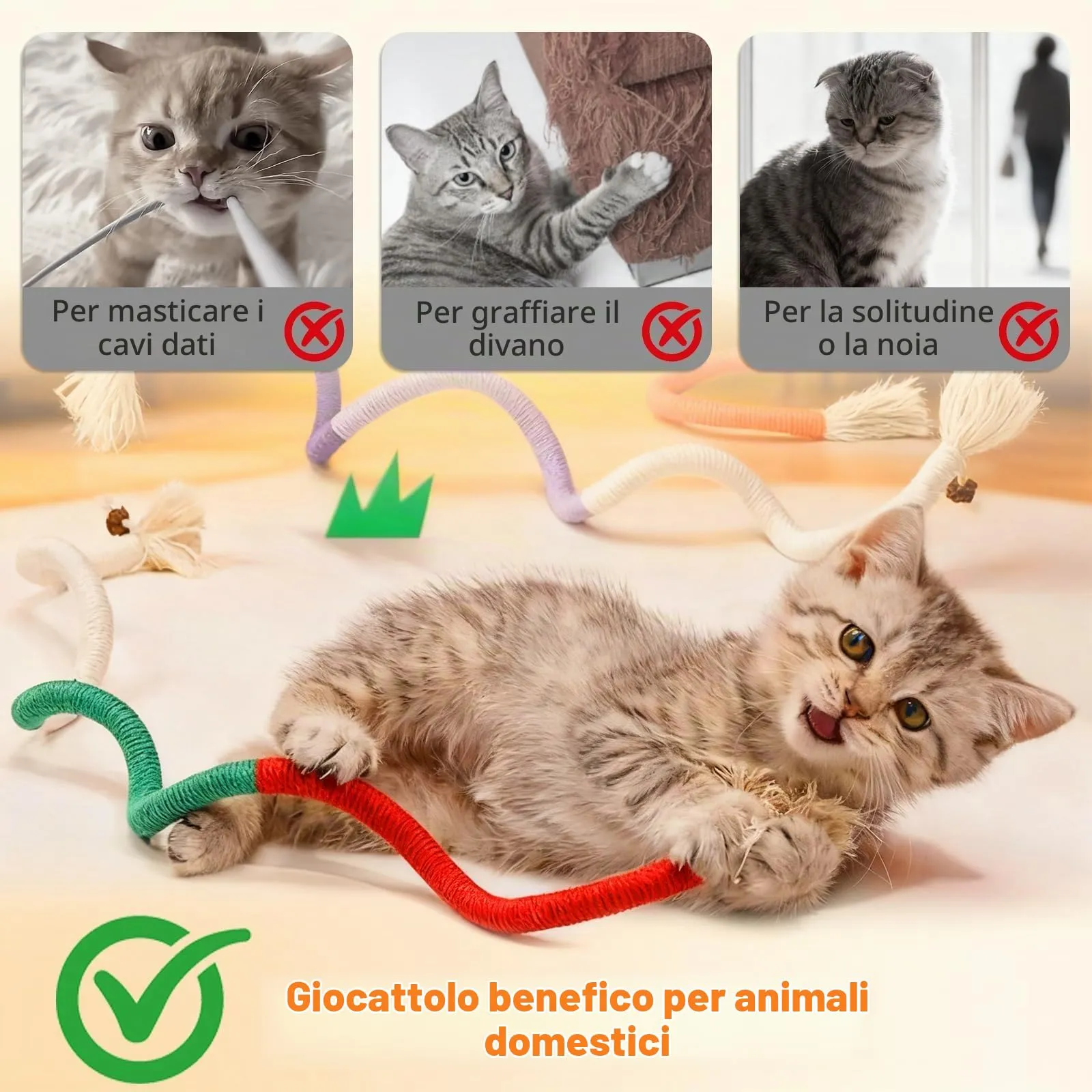 soodyoow 4 Giochi Interattivi per Gatti, Corda da Mordere e Bastoncini per Cura Dentale e Pulizia della Bocca - immagine 5