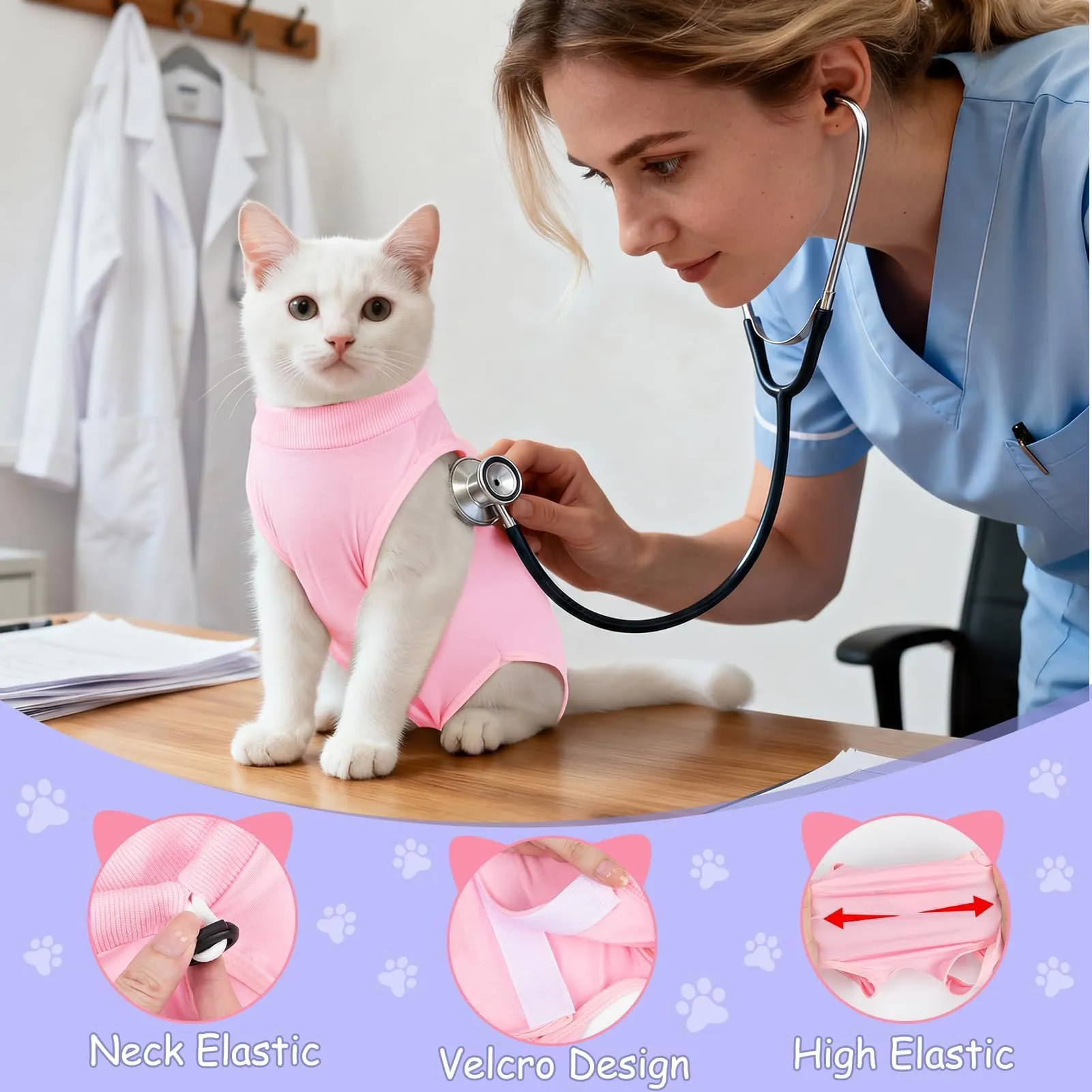 MELLIEX Tuta da Recupero per Gatti, Body Post Operatorio per Sterilizzazione e Protezione Ferite Addominali, Taglia S, Rosa - immagine 3