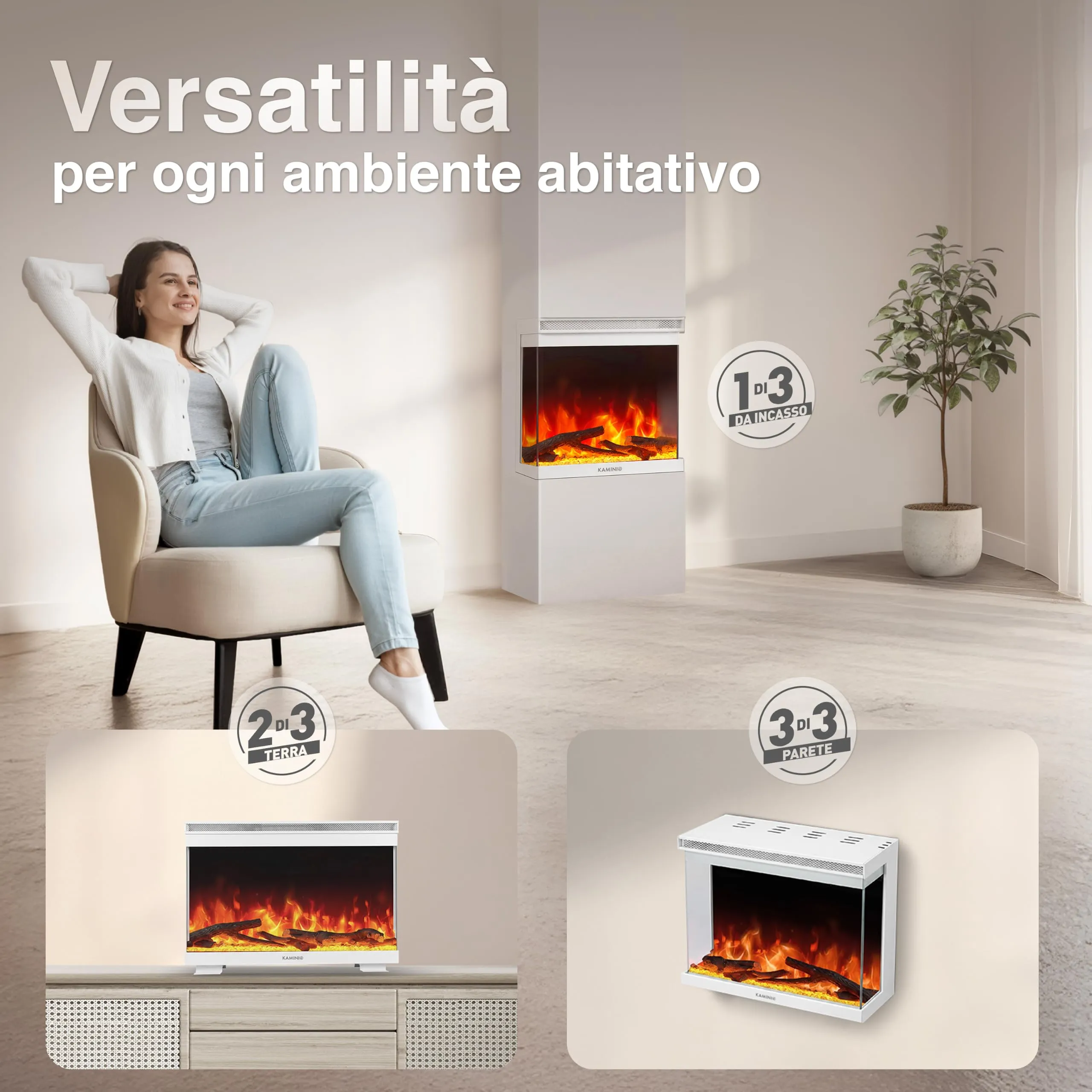 KAMINIO Lea PRO 24 Camino Elettrico da Incasso, Parete o Appoggio, Bianco - immagine 2