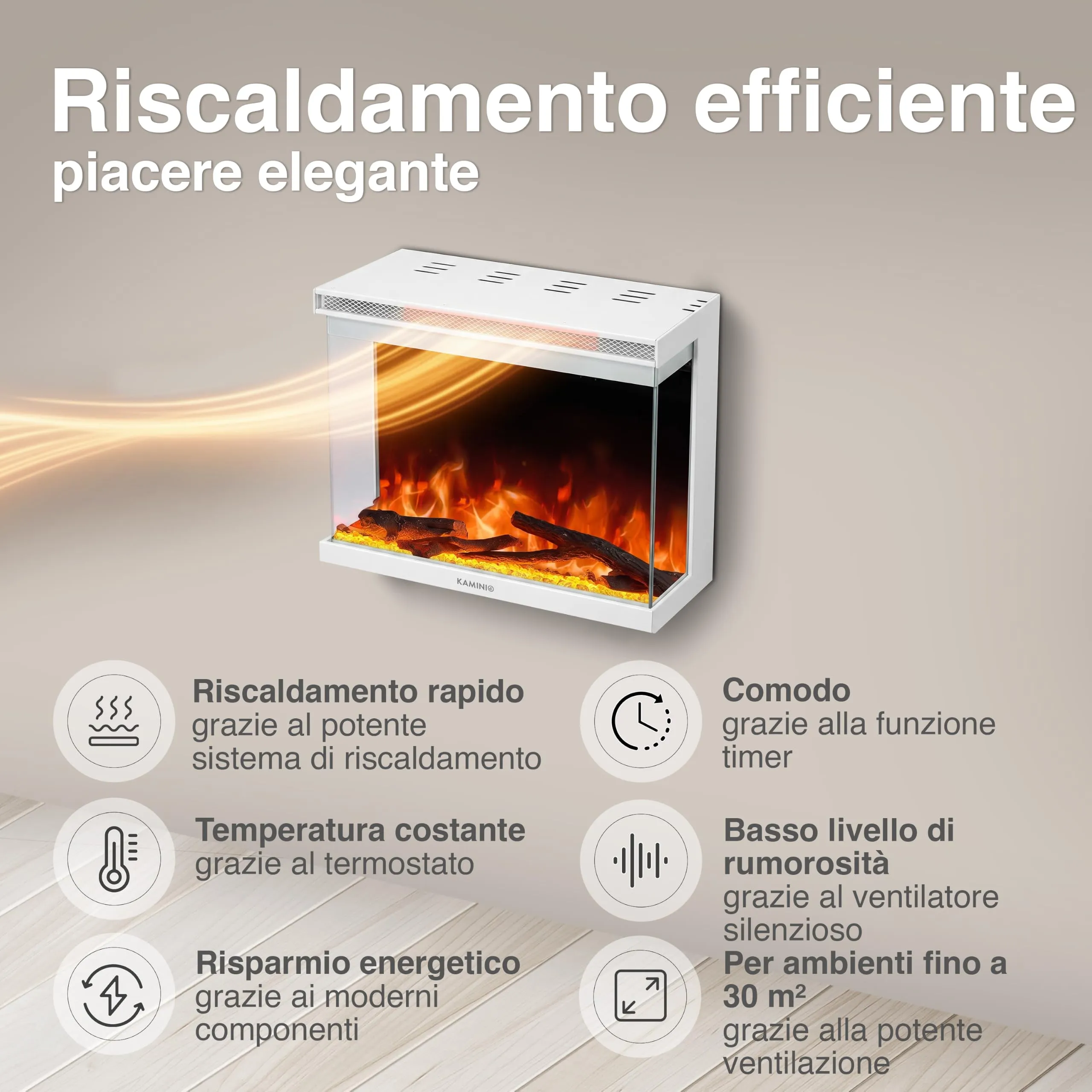 KAMINIO Lea PRO 24 Camino Elettrico da Incasso, Parete o Appoggio, Bianco - immagine 4