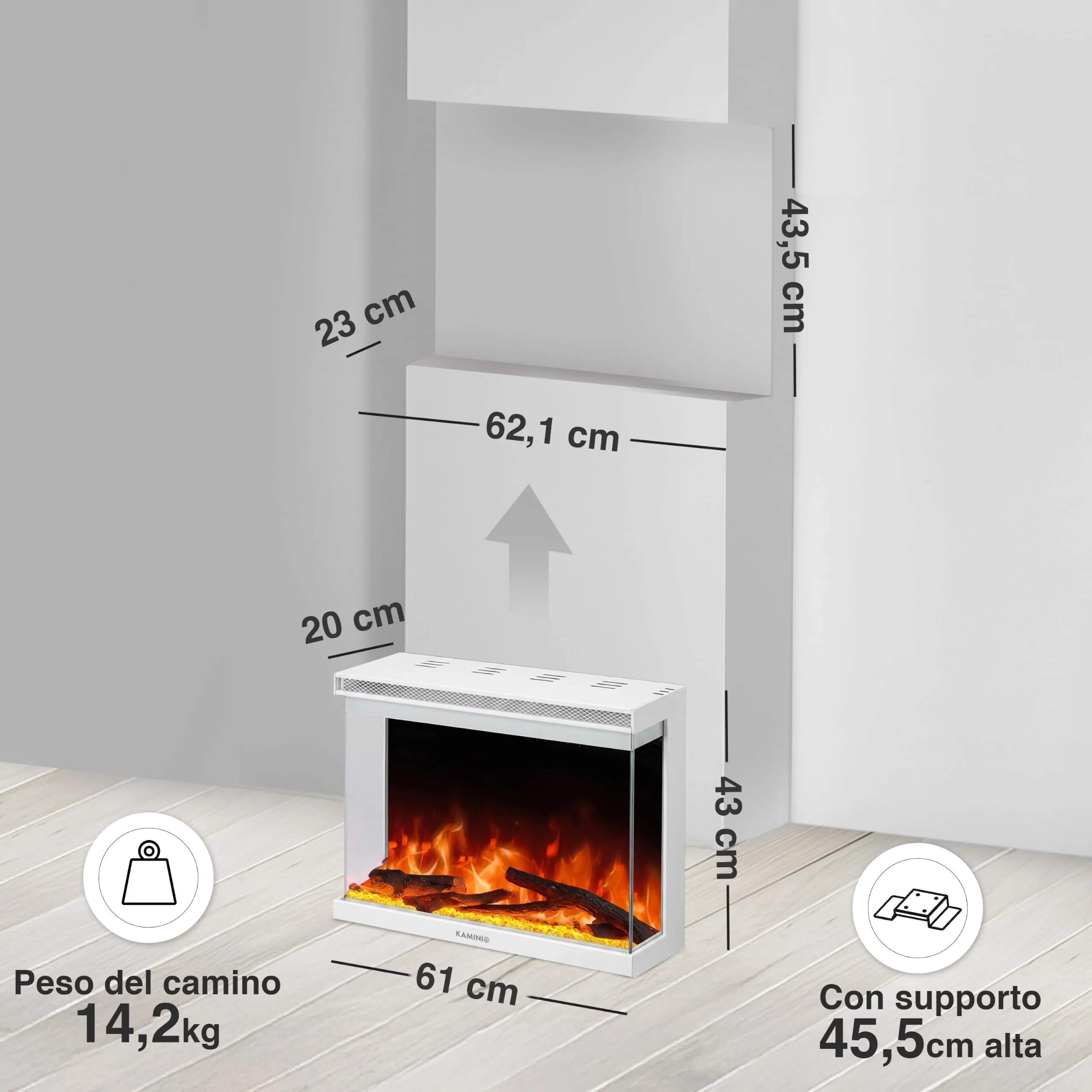 KAMINIO Lea PRO 24 Camino Elettrico da Incasso, Parete o Appoggio, Bianco - immagine 6