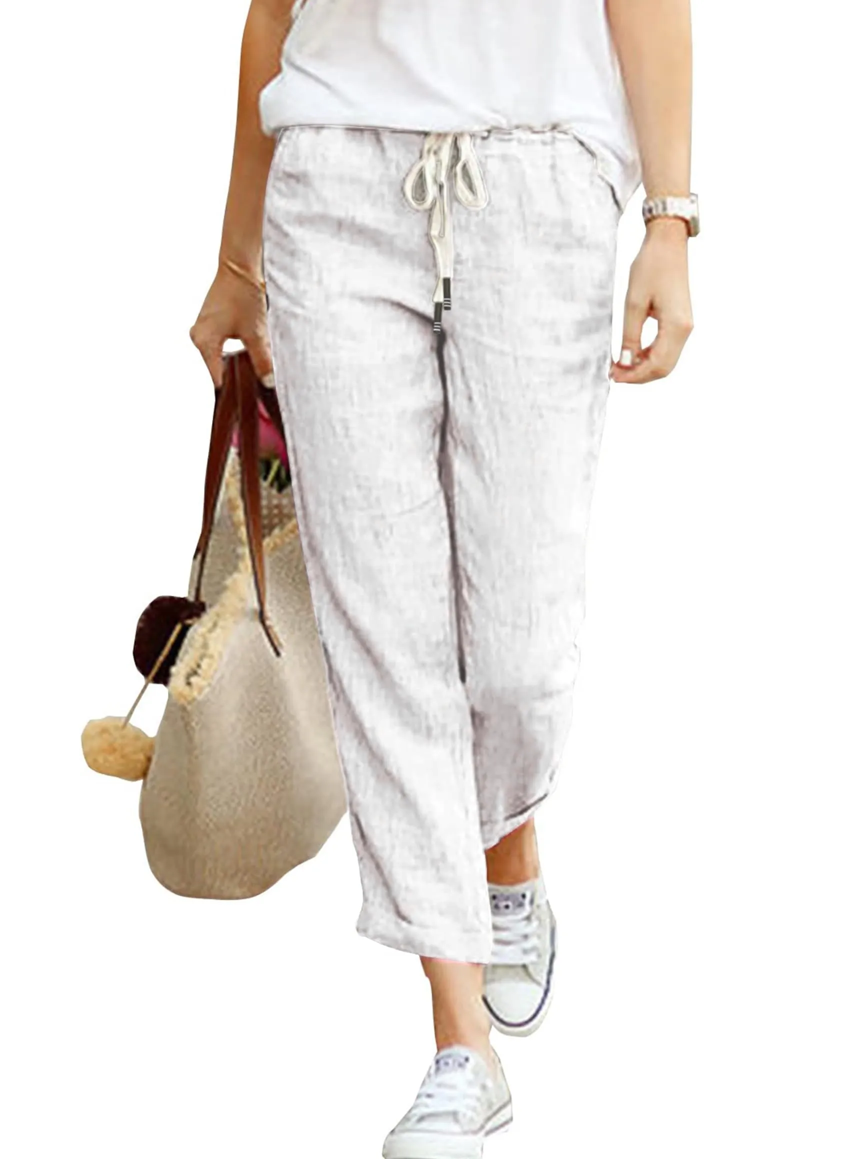 Cegerne Pantaloni in Lino Donna 7/8 Estivi, Bianco, M - immagine 1