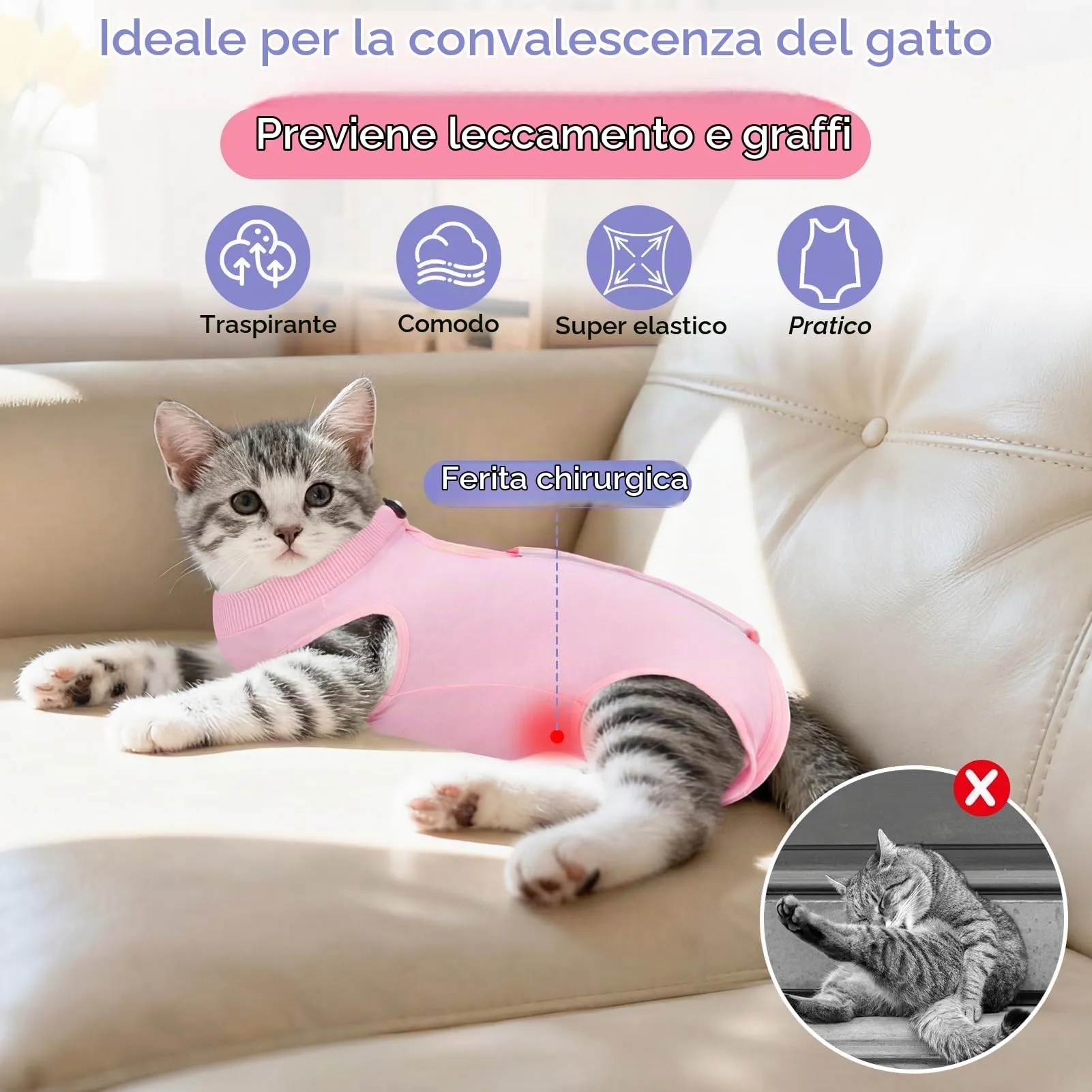 MELLIEX Tuta da Recupero per Gatti, Body Post Operatorio Sterilizzazione per Impedire Leccare Ferite Addominali - immagine 2