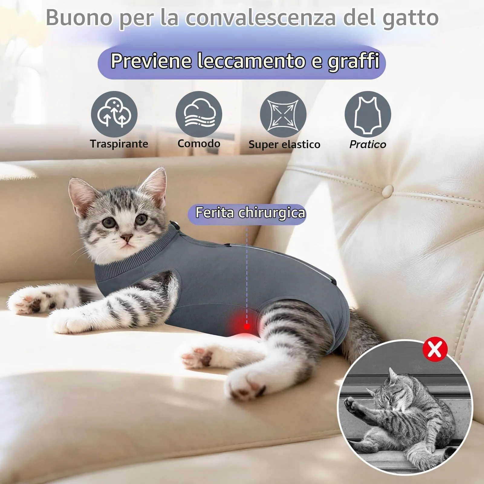 MELLIEX Tuta da Recupero per Gatti, Body Post Operatorio Sterilizzazione, Grigio, Taglia L - immagine 2