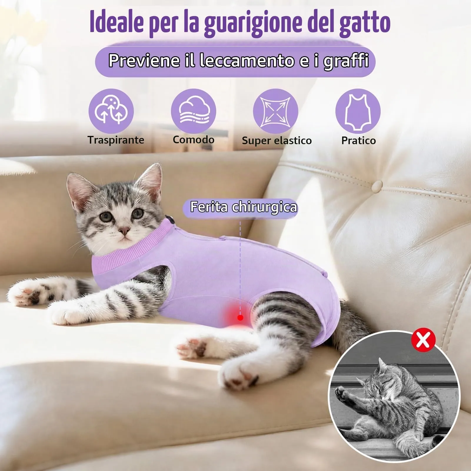 MELLIEX Tuta da Recupero per Gatti, Body Post Operatorio per Sterilizzazione e Interventi Chirurgici, Taglia M, Viola - immagine 2