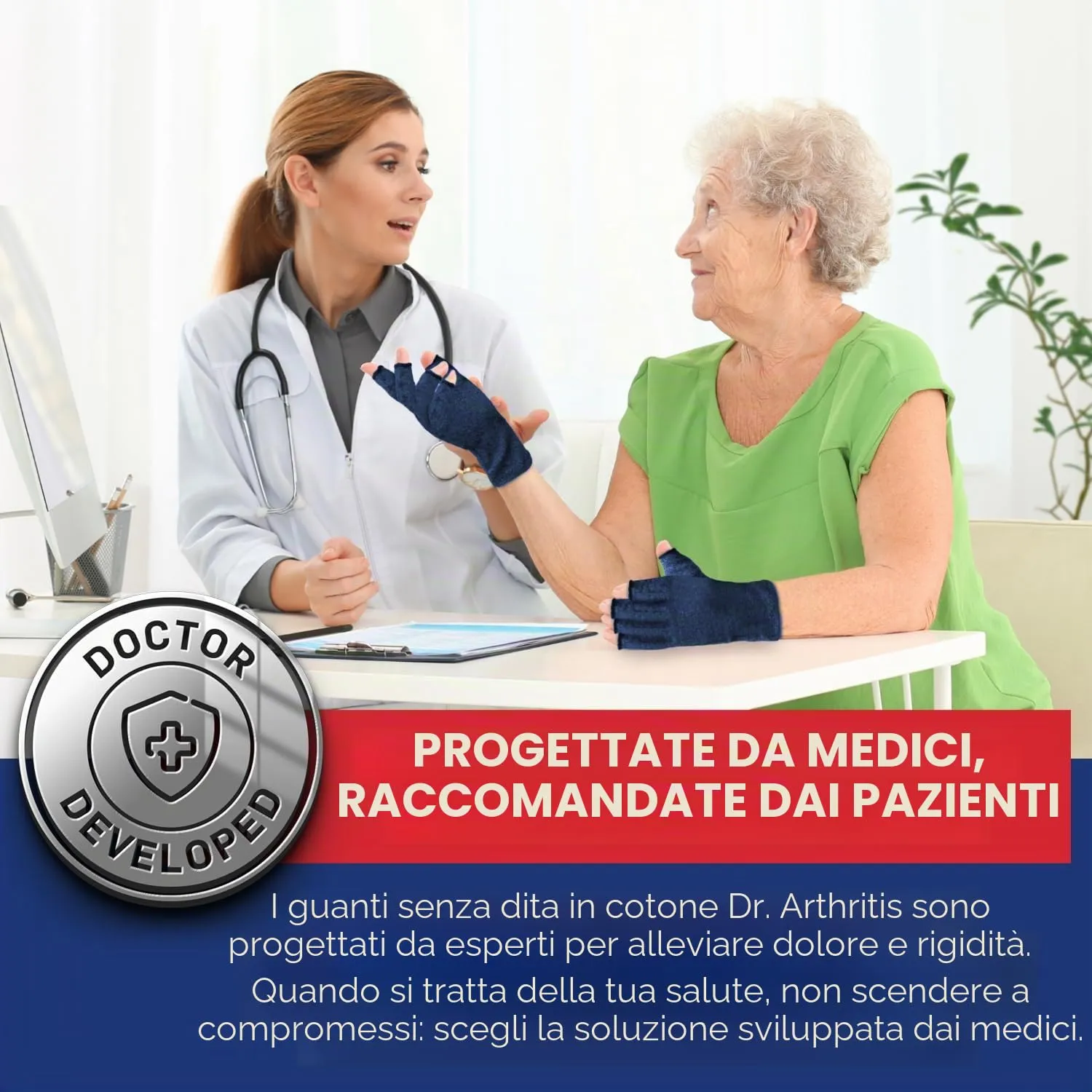 Dr. Arthritis Guanti a Compressione per Artrosi e Tunnel Carpale, Senza Dita, Cotone, Blu Navy, Taglia M, 1 Paio - immagine 3