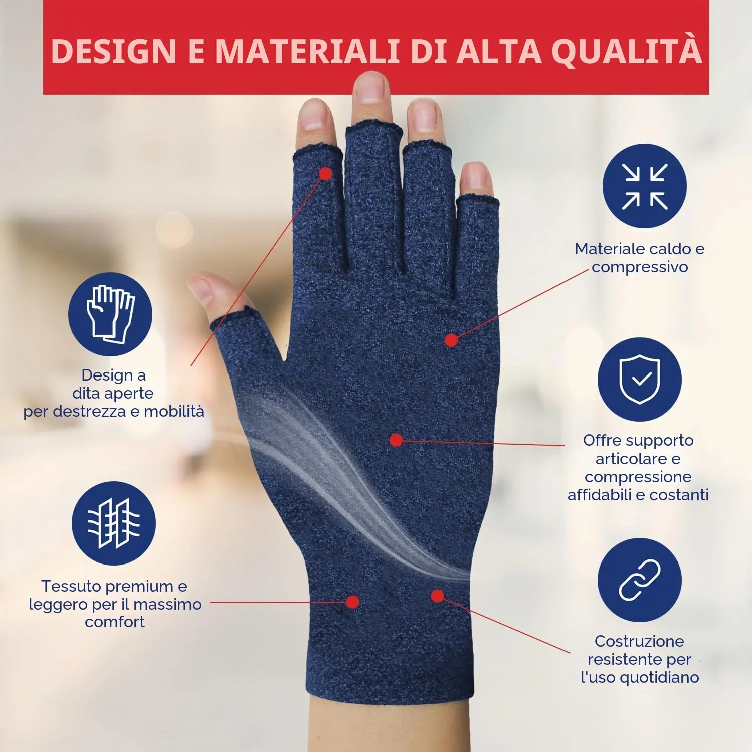 Dr. Arthritis Guanti a Compressione per Artrosi e Tunnel Carpale, Senza Dita, Cotone, Blu Navy, Taglia M, 1 Paio - immagine 4