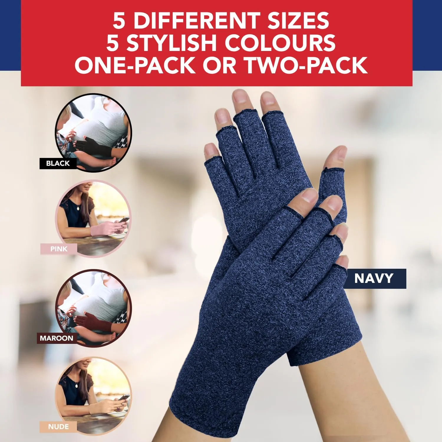 Dr. Arthritis Guanti a Compressione per Artrosi e Tunnel Carpale, Senza Dita, Cotone, Blu Navy, Taglia M, 1 Paio - immagine 7