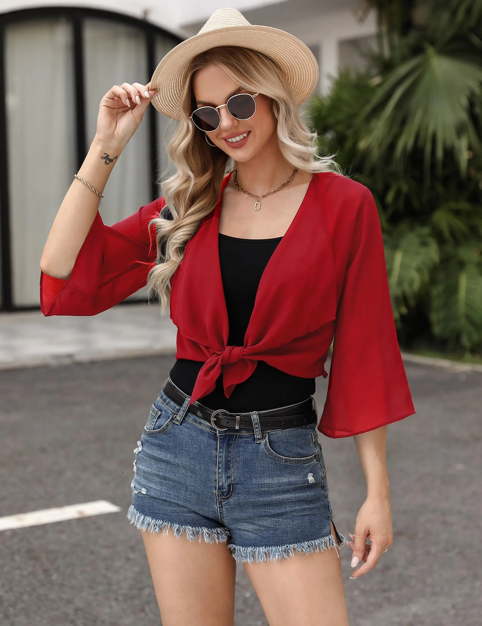 Aottori Coprispalle Donna in Chiffon, Rosso, L - immagine 5