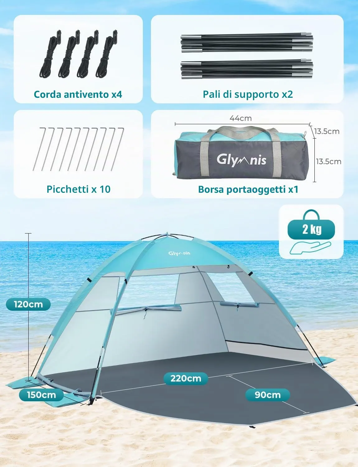Glymnis Tenda da Spiaggia Portatile con Cerniera, UPF 50+, 2-4 Persone, BT-SD01 - immagine 2