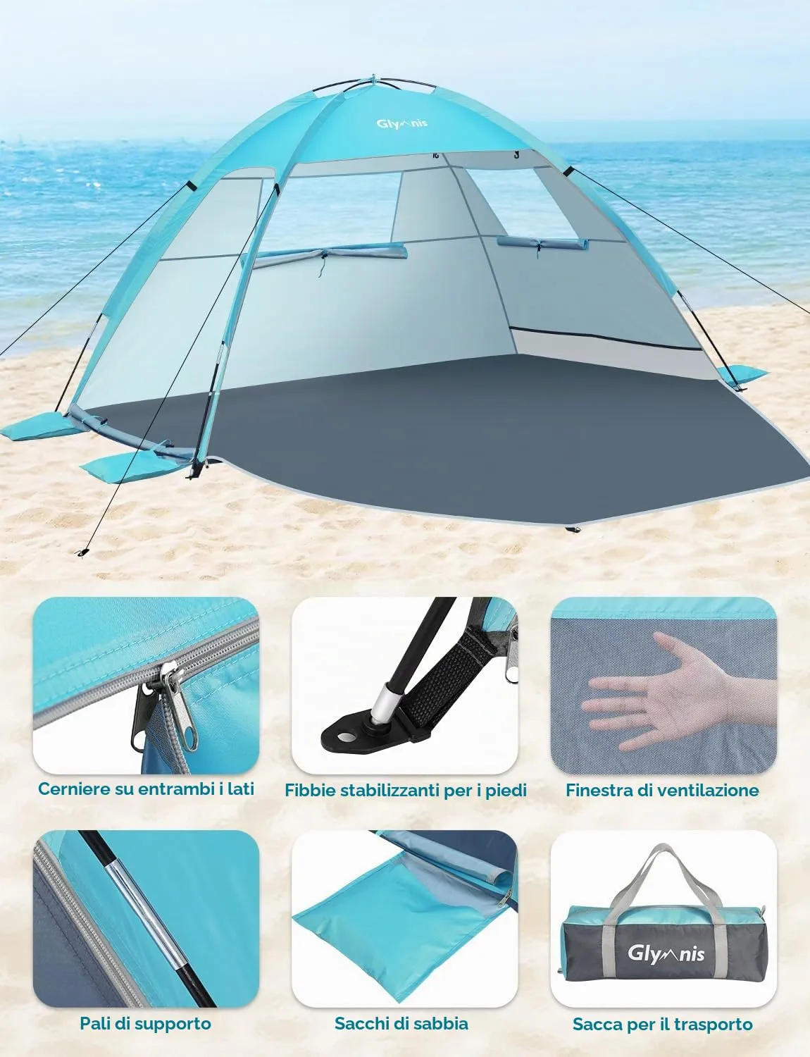 Glymnis Tenda da Spiaggia Portatile con Cerniera, UPF 50+, 2-4 Persone, BT-SD01 - immagine 3