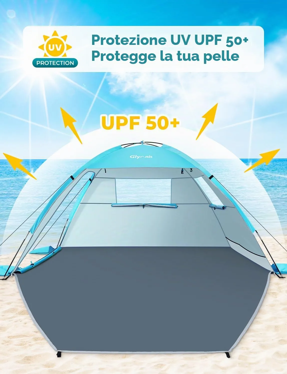 Glymnis Tenda da Spiaggia Portatile con Cerniera, UPF 50+, 2-4 Persone, BT-SD01 - immagine 5