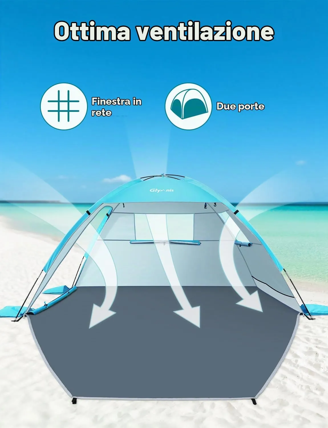 Glymnis Tenda da Spiaggia Portatile con Cerniera, UPF 50+, 2-4 Persone, BT-SD01 - immagine 7