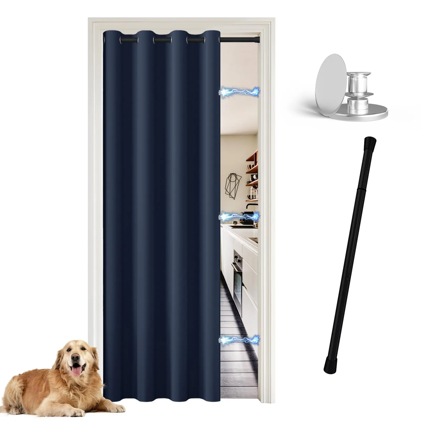 JCyh Tenda Oscurante per Porta Interna con Bastone, 132x195cm, Blu Scuro - immagine 1