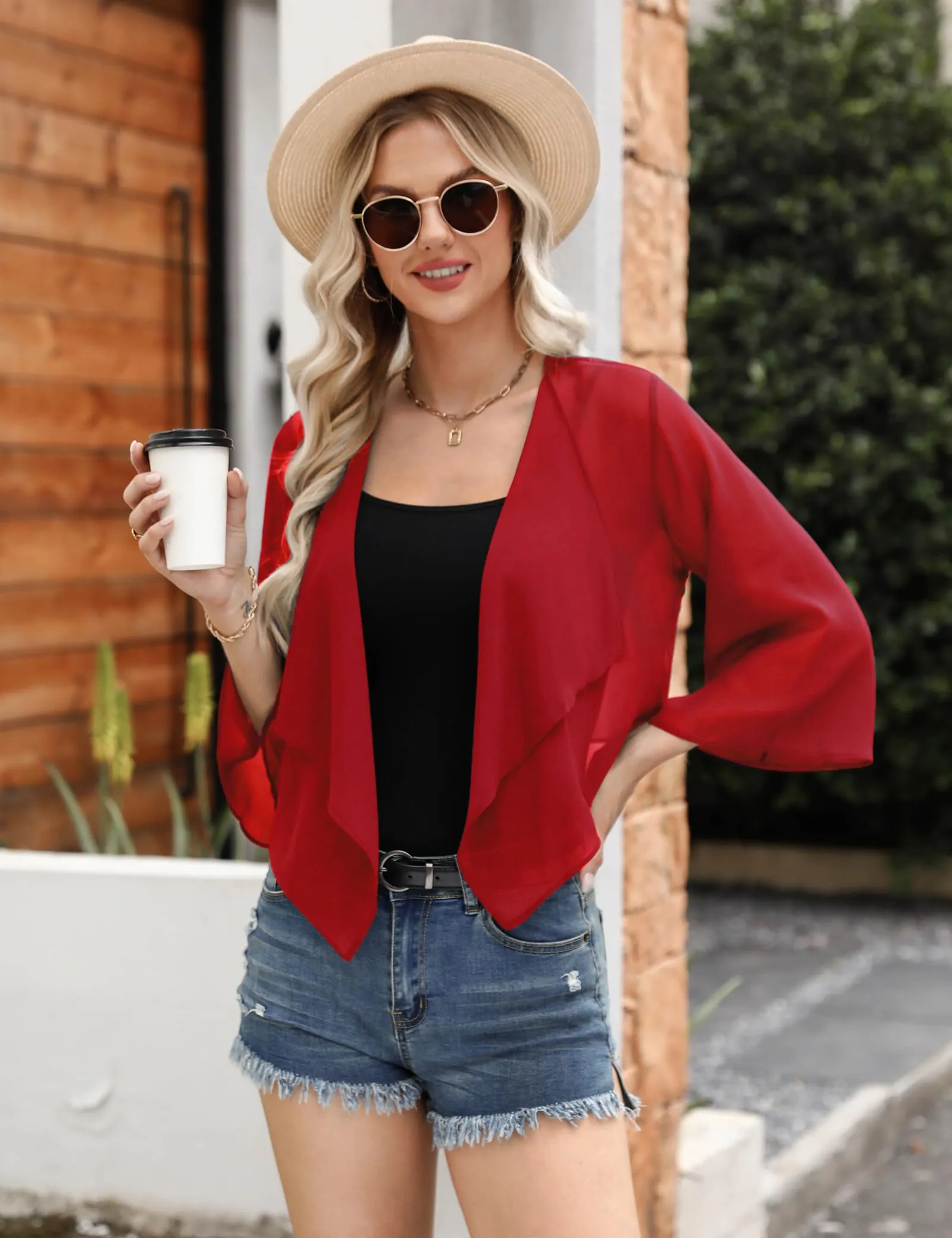 Aottori Coprispalle Donna in Chiffon Bolero Corto, Rosso, XL - immagine 2