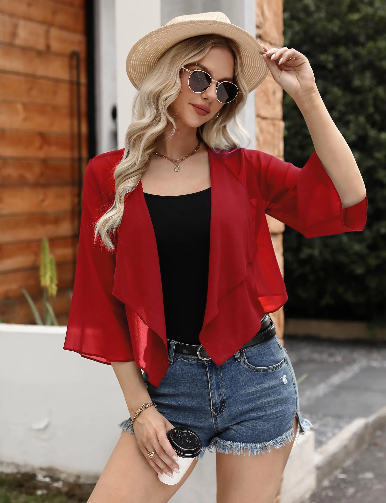 Aottori Coprispalle Donna in Chiffon Rosso, XXL - immagine 3