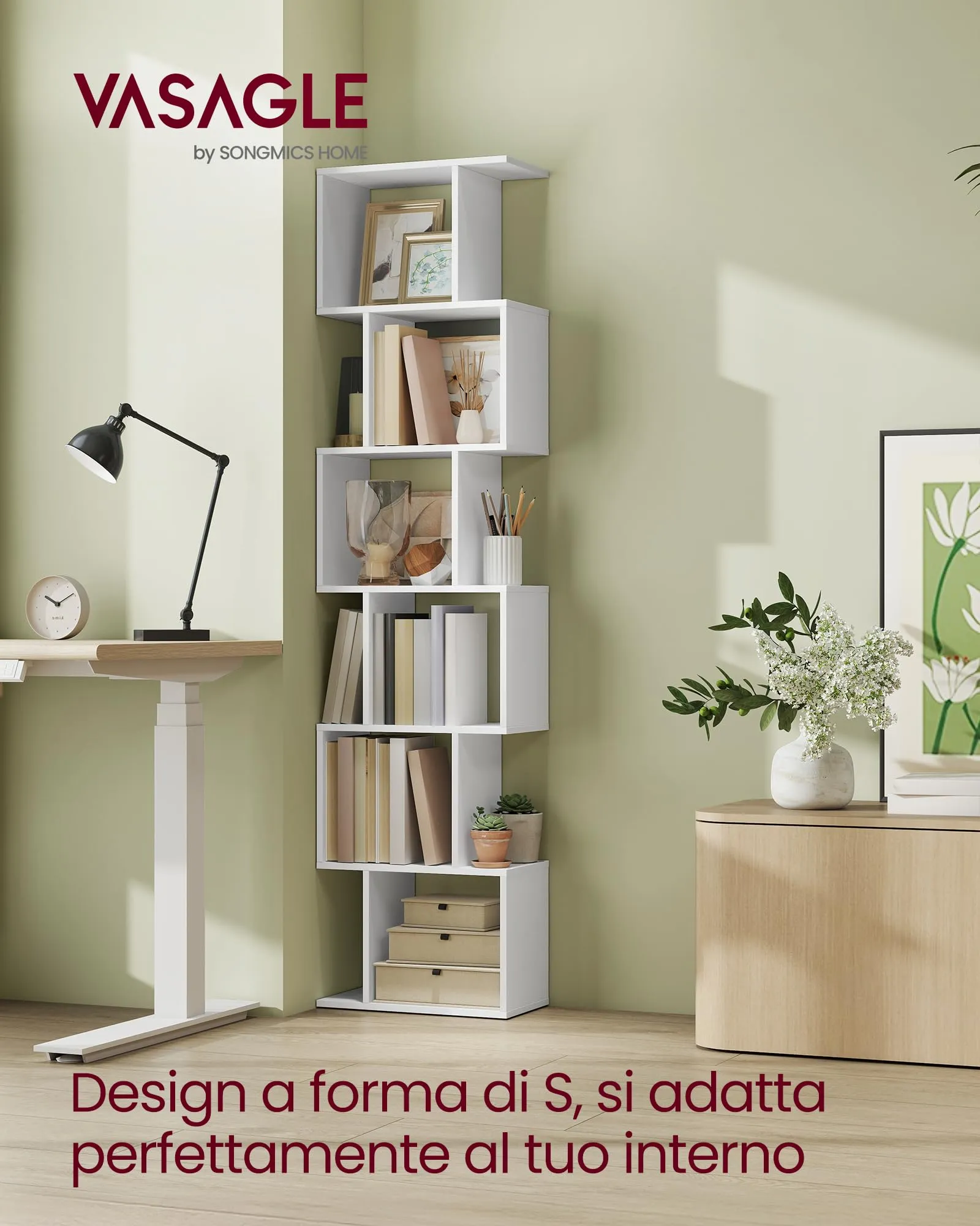 VASAGLE CUSTOS Libreria a 6 Ripiani, 24 x 40 x 191 cm, Bianco Opaco LBC461W01 - immagine 3